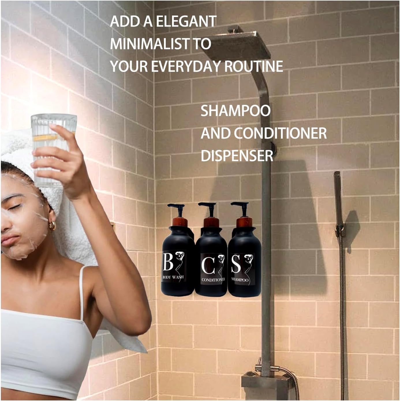 Dispensador de champú, dispensador de champú negro montado en la pared para ducha, dispensadores de champú y acondicionador de 16 onzas, botellas de