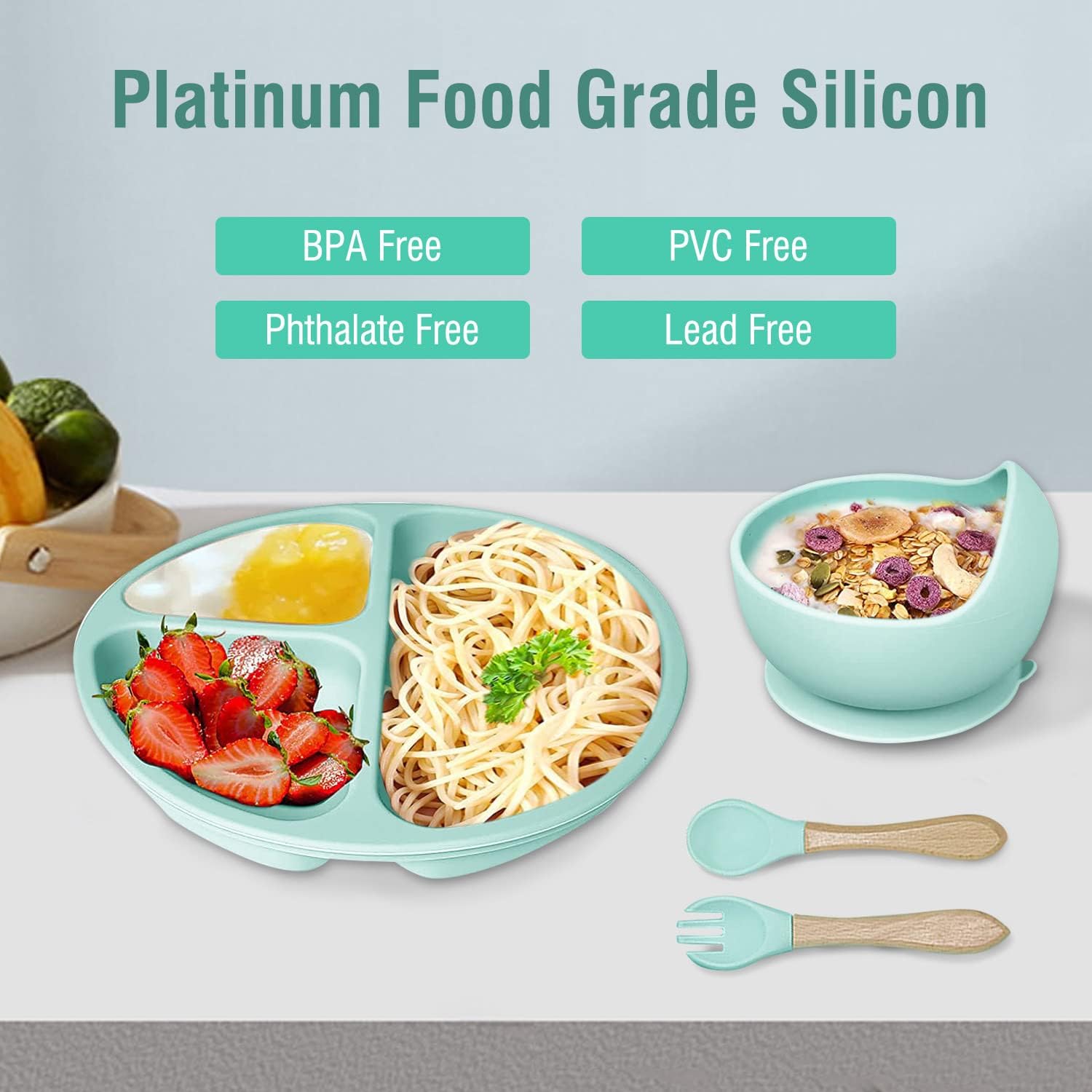 Hoidokly Juego de alimentación para bebés, 8 piezas de suministros de destete LED de silicona para bebés, incluye plato para bebé, cuenco, babero