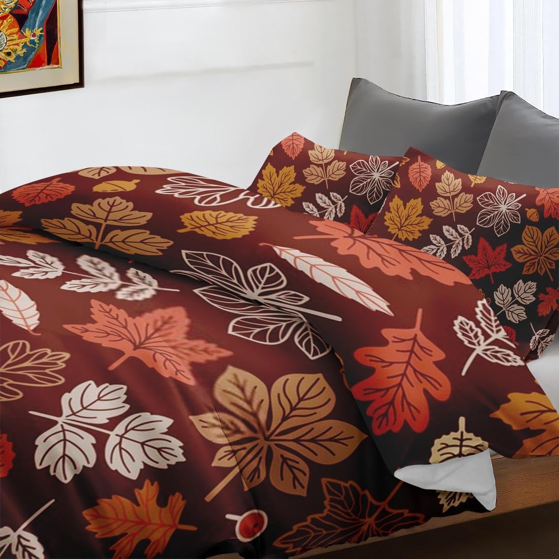 Juego de funda de edredón, juego de ropa de cama de otoño con hojas de otoño y Acción de Gracias para niños y adultos, decoración de dormitorio
