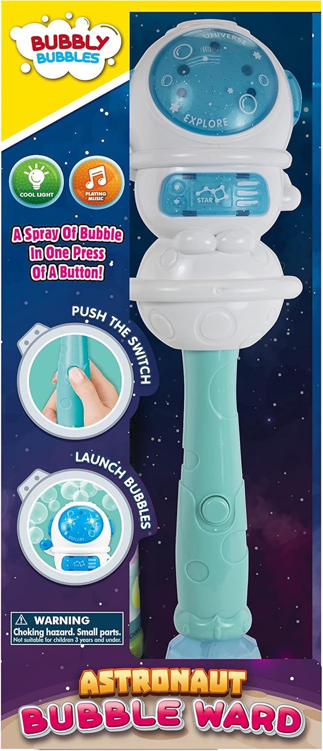 Varita de burbujas de astronauta, varita de burbujas con luces y sonido que rocía burbujas desde la parte superior, 12.5 pulgadas con líquido de