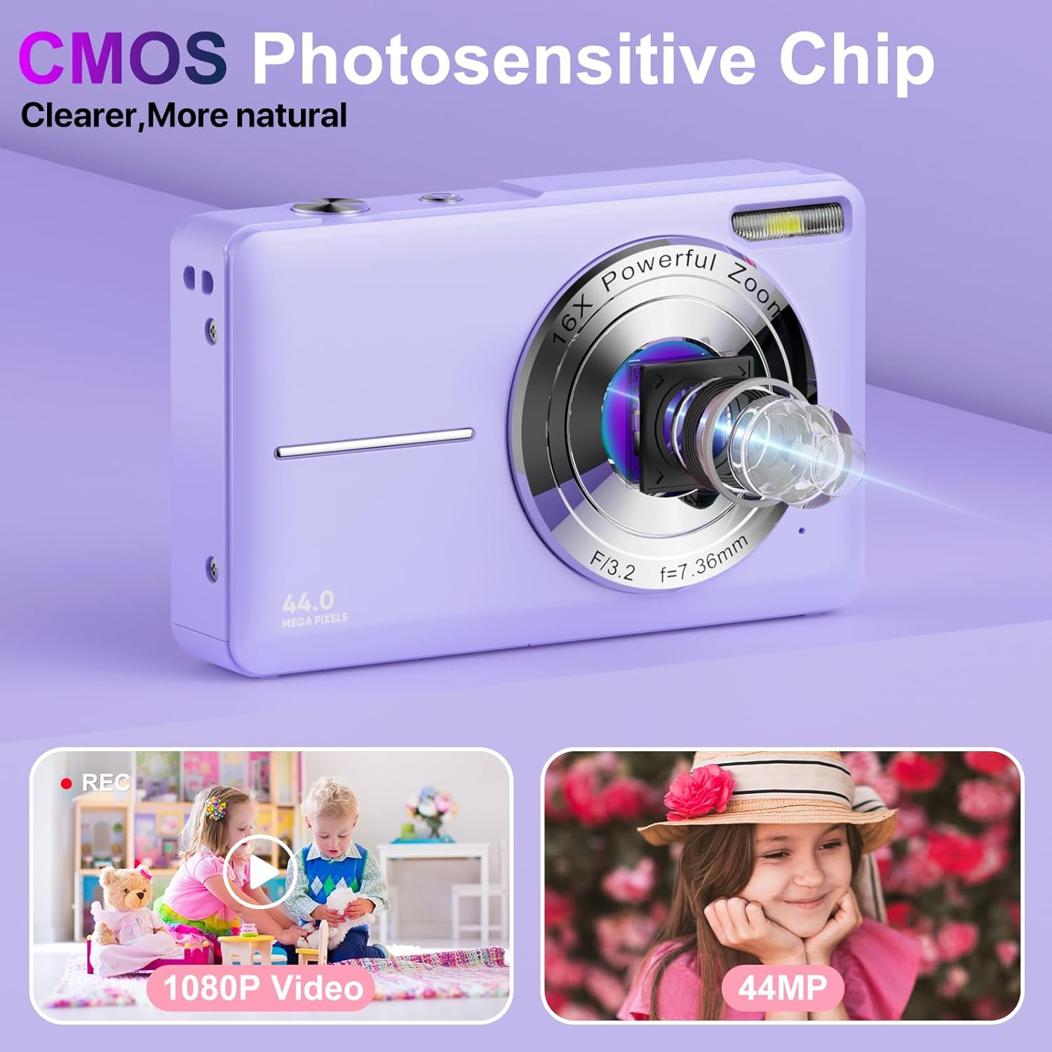 Cámara digital para niños 1080P con cordón (sin tarjeta SD), cámara digital de 44 MP para apuntar y disparar con zoom de 16X, cámara antivibración,