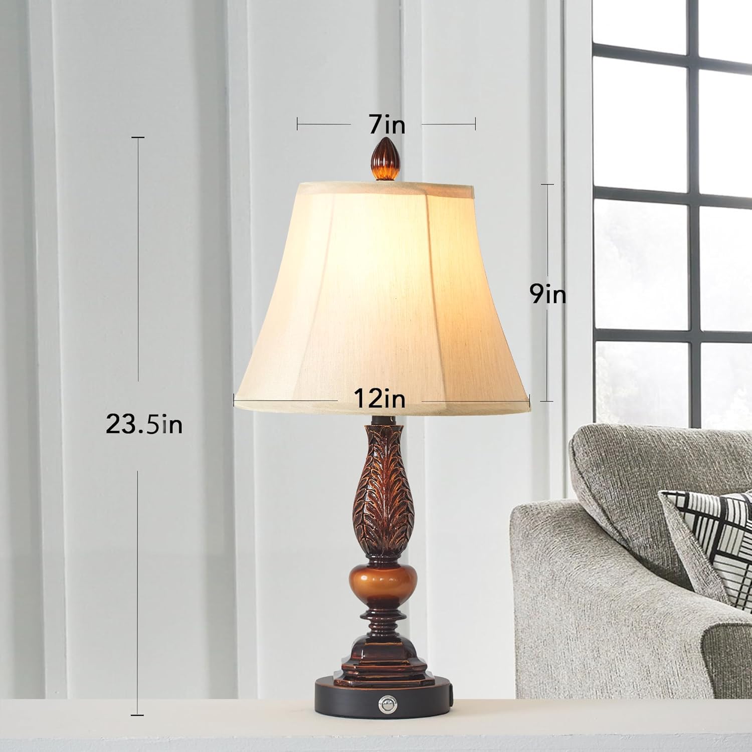 Juego de 2 lámparas de dormitorio, lámparas táctiles rústicas regulables de 3 vías para mesita de noche, lámparas vintage con puertos de carga USB