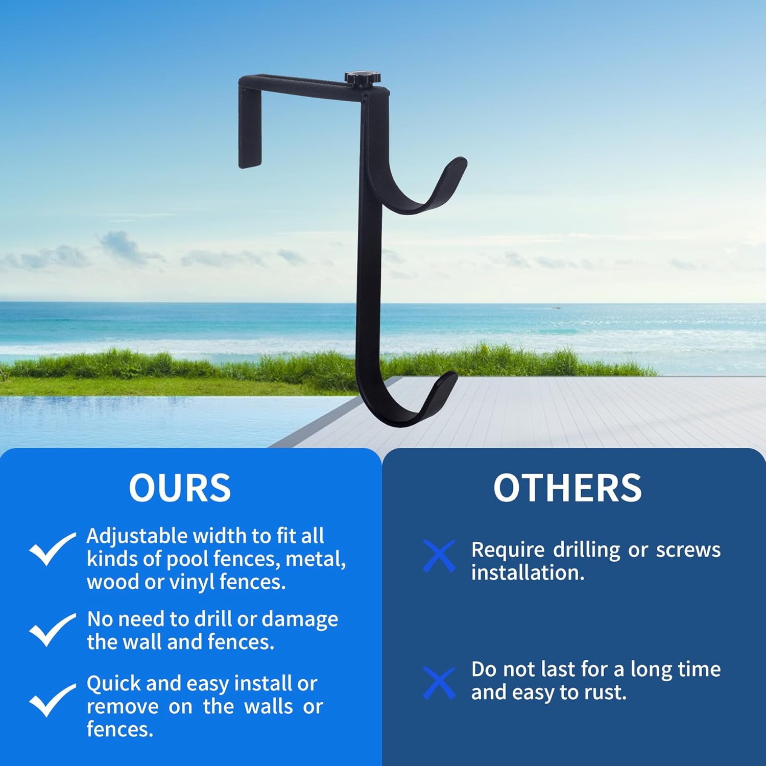 Ganchos de poste de piscina resistentes ajustables para postes de mangueras, desnatadores, ganchos negros para colgar accesorios de piscina,