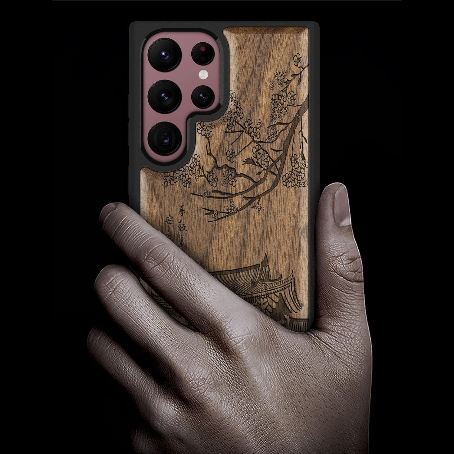 Carveit Funda de madera para Galaxy S22 Ultra 2022 madera natural y TPU suave negro a prueba de golpes, funda de madera única compatible con Samsung