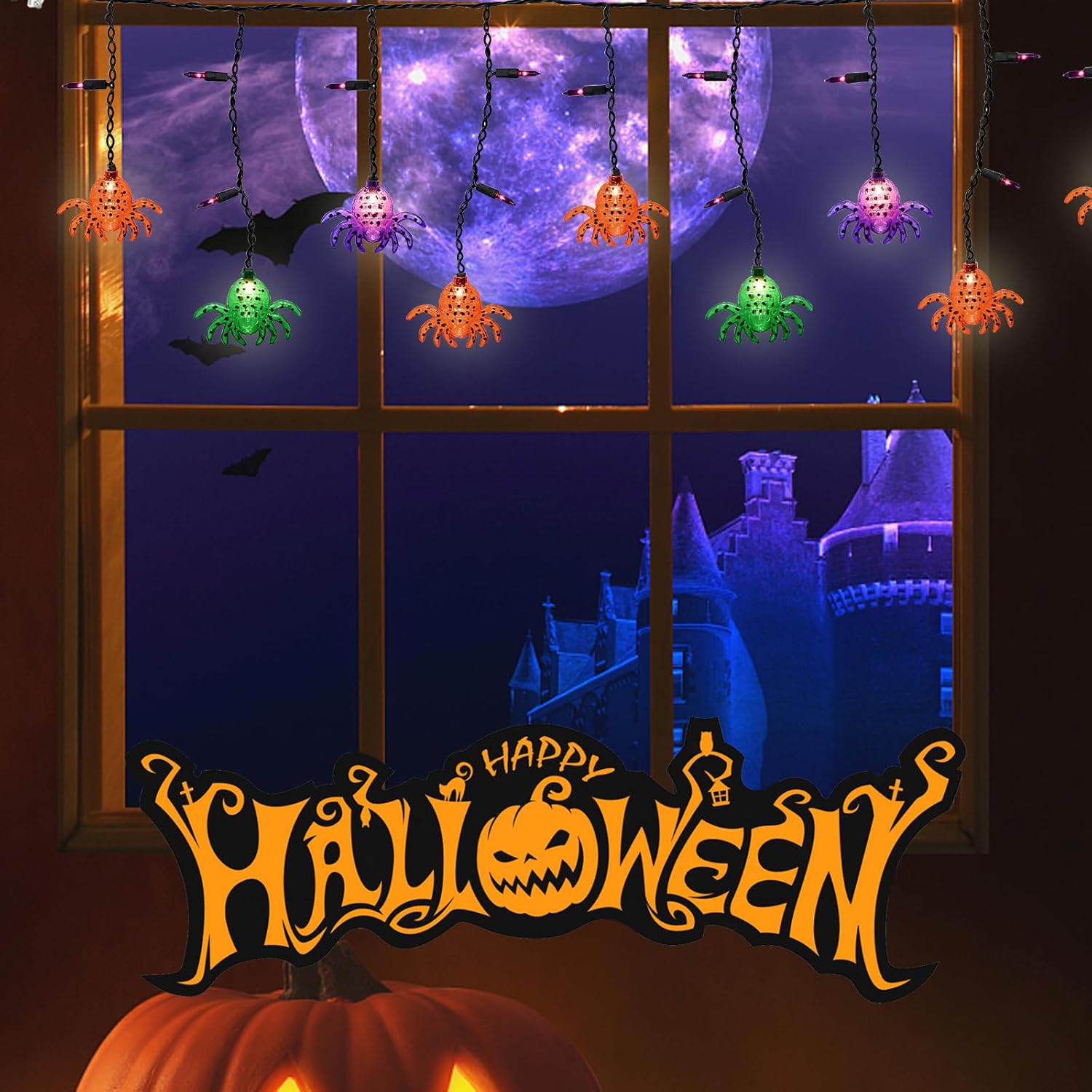 Romasaty Cortina de luces de araña de Halloween de 7 pies con 10 tiras de luces de araña impermeables, 25 luces LED temáticas de Halloween para
