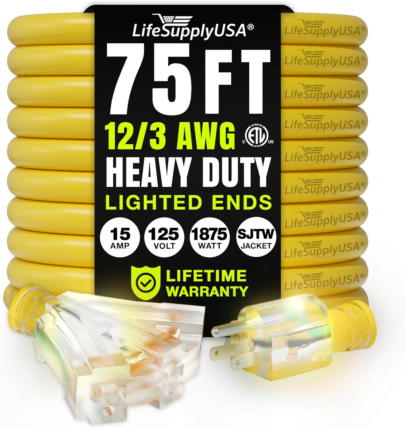 LifeSupplyUSA – Cable de extensión eléctrico de 75 pies para exteriores e interiores, impermeable, 3 clavijas, 3 salidas, SJTW, calibre 12, 15