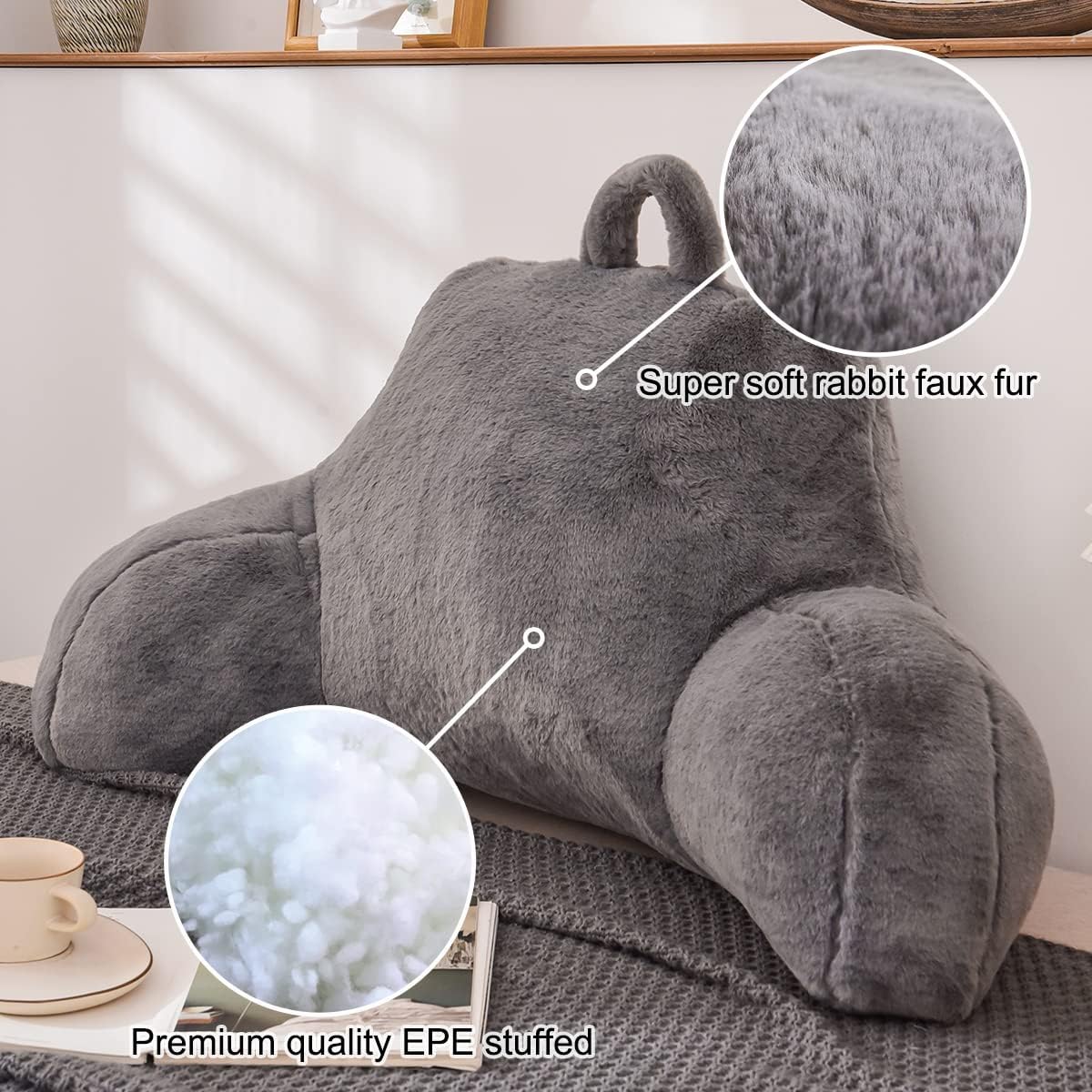 Holawakaka Almohada grande de piel sintética con brazos, almohadas de lectura de piel de conejo perfectas para adultos, adolescentes, niños, brazos,
