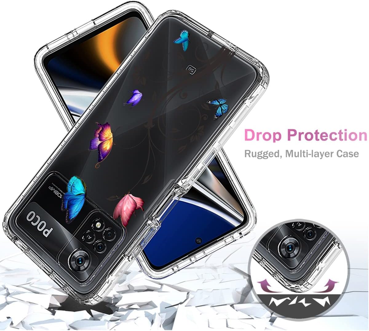 Vavies Funda para Poco X4 Pro 5G, 2201116PG Funda con protector de pantalla de vidrio templado, cuerpo completo transparente con diseño floral,
