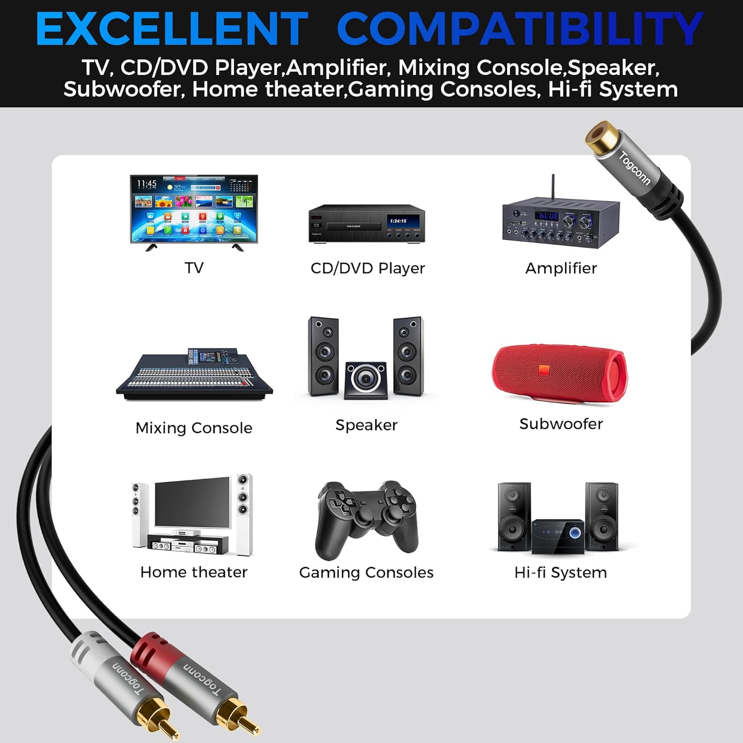 Cable divisor RCA Y-RCA, 1 RCA hembra a 2 RCA macho altavoz de audio adaptador Y, cable divisor de audio RCA corto para audio de automóvil,