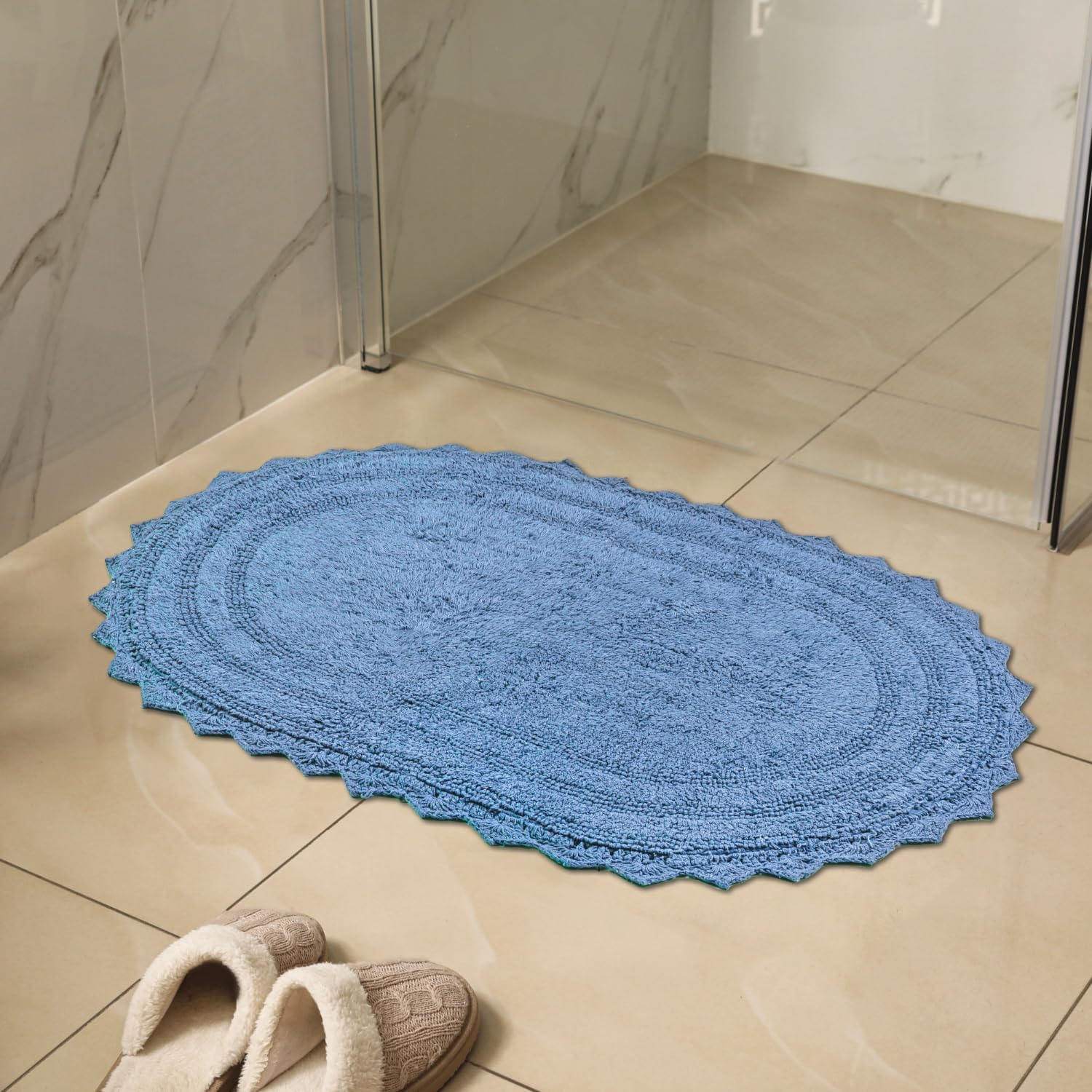 RAJRANG – Alfombra de baño ovalada azul parisino de 24 x 17 pulgadas, paquete de 2 tapetes de baño reversibles de ganchillo de algodón para