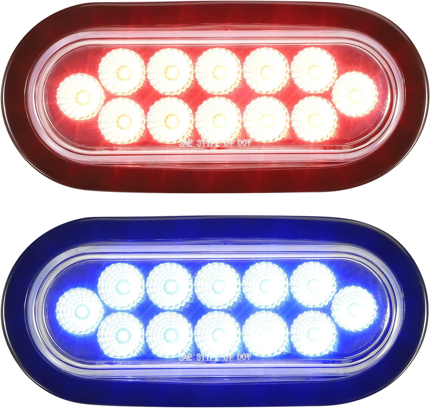Partsam Juego de 2 luces traseras ovaladas rojas de 6.7 pulgadas y luces auxiliares azules, 12 diodos con ojales de goma y 3 clavijas, luces