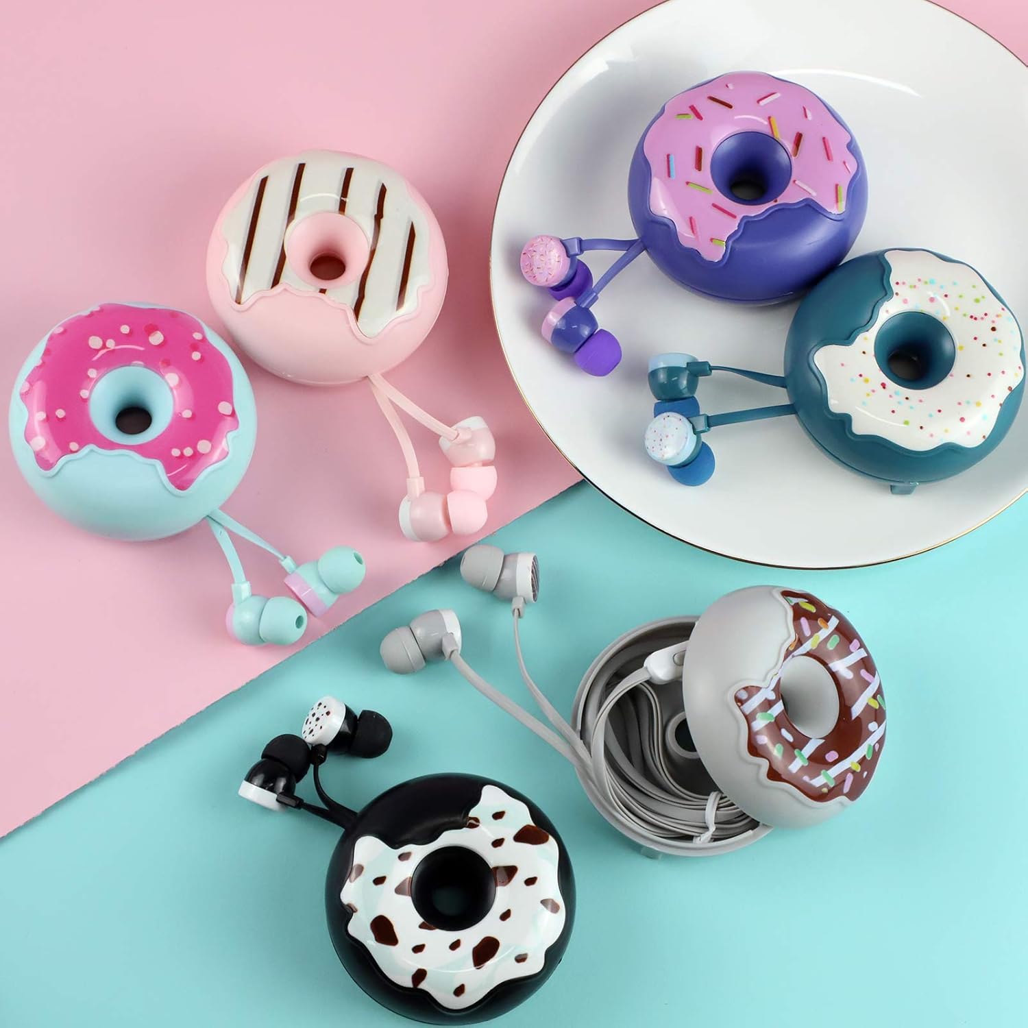 QearFun Auriculares con forma de dona para niños, bonitos auriculares intrauditivos con cable, regalo para niñas y niños escolares con micrófono y