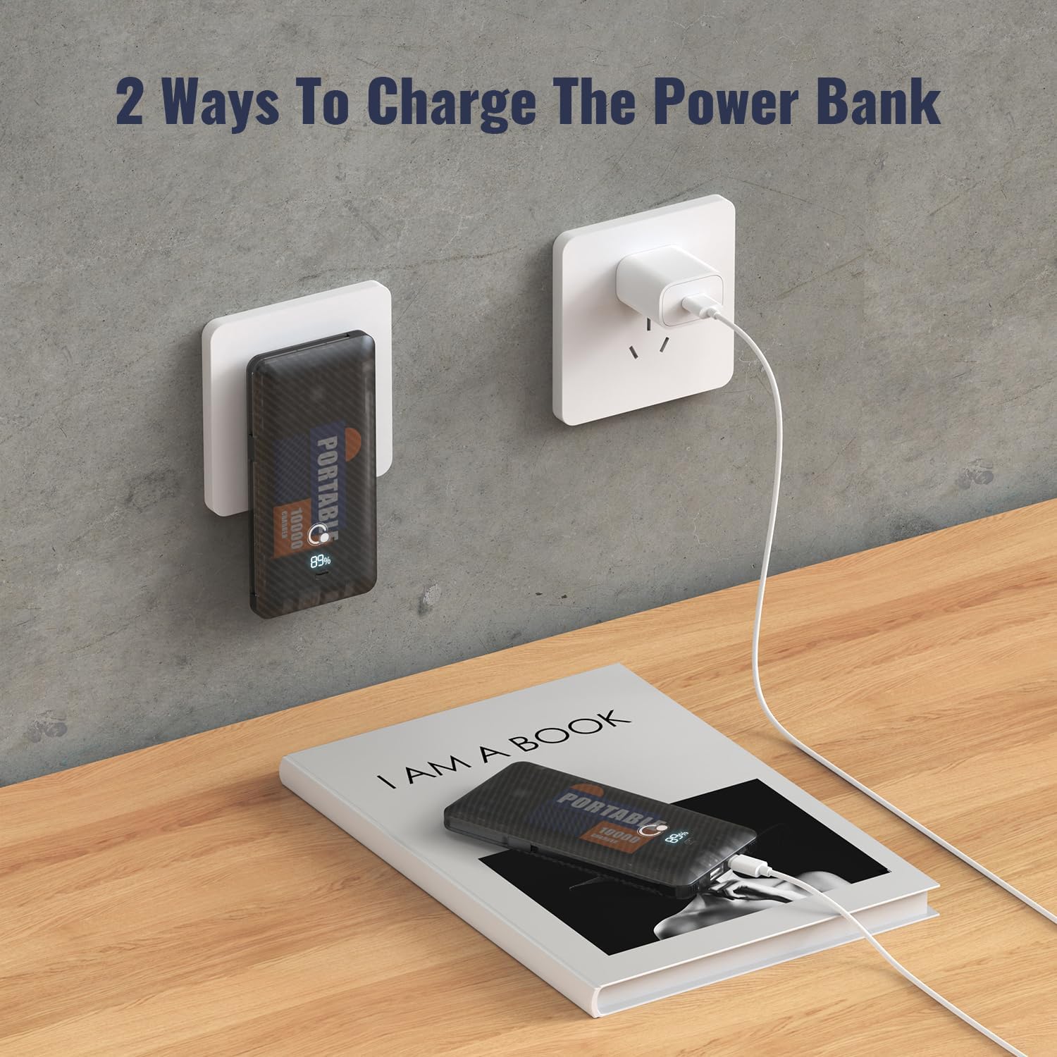 Cargador portátil de 10000 mAh con enchufe de pared de CA, cargador USB C delgado de carga rápida, batería externa tipo C con tres cables integrados