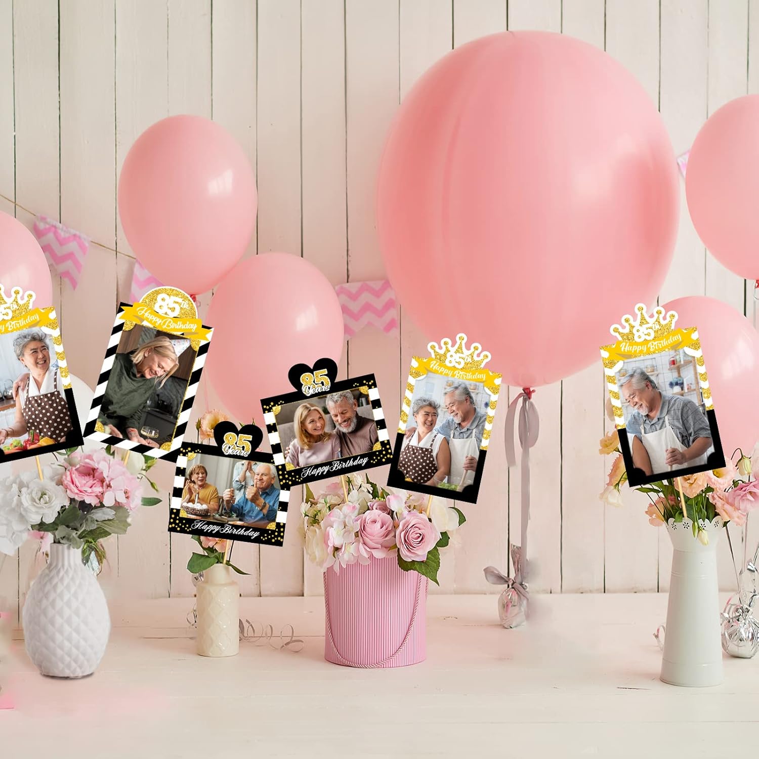 MEFENG 15 palitos para centro de mesa de fiesta de cumpleaños 85, color negro y dorado, decoración de mesa para fotos de cumpleaños de 85 años,