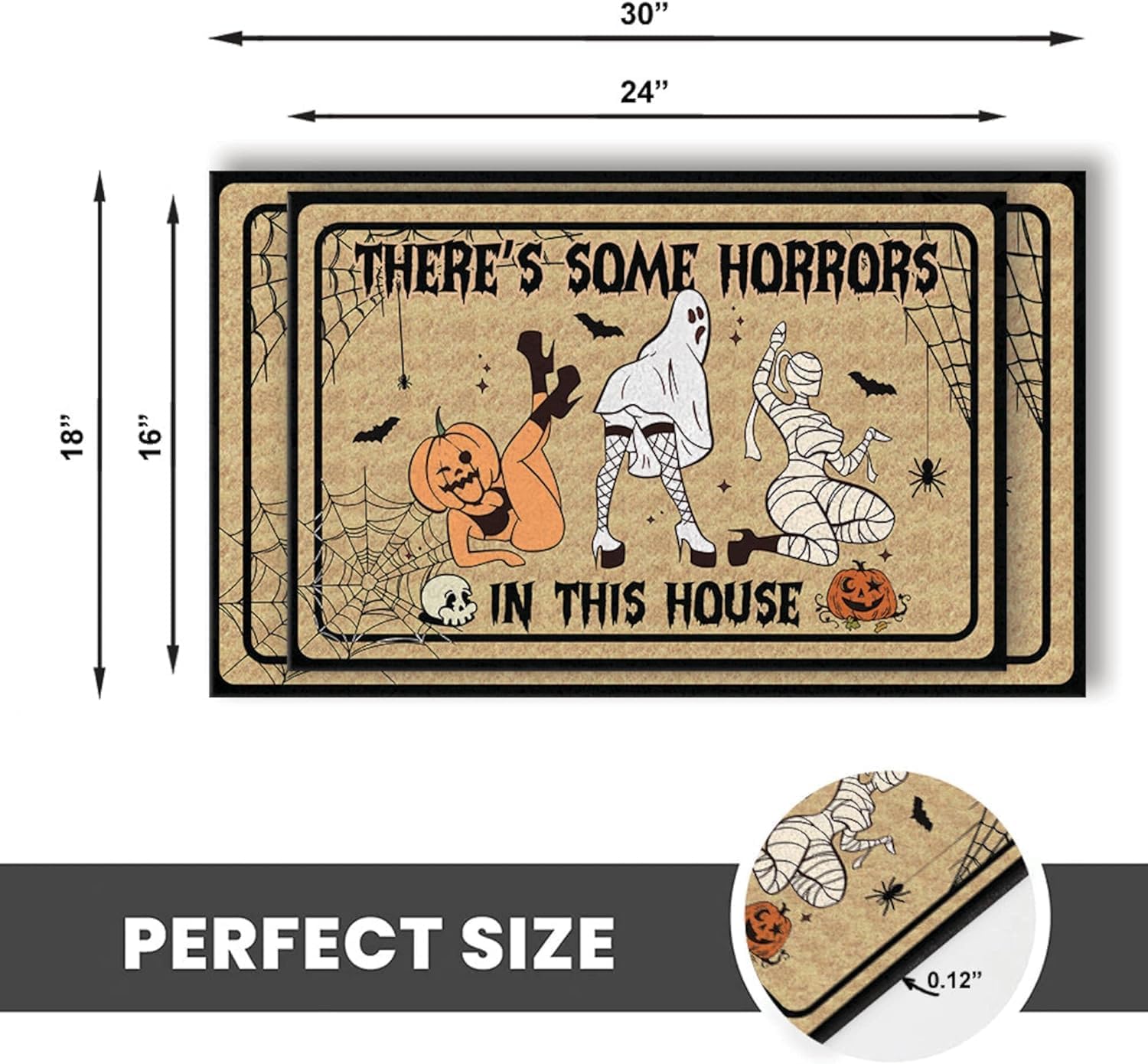 Tapete con texto en inglés “There’s Some Horrors in This House”, divertido tapete de bienvenida de Halloween, tapete retro espeluznante para el