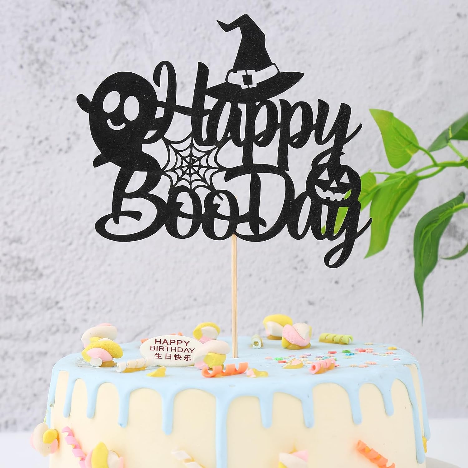 Decoración para pastel de Happy Boo Day  Decoración negra para pastel de fantasma, decoración de fiesta de cumpleaños de Halloween con purpurina