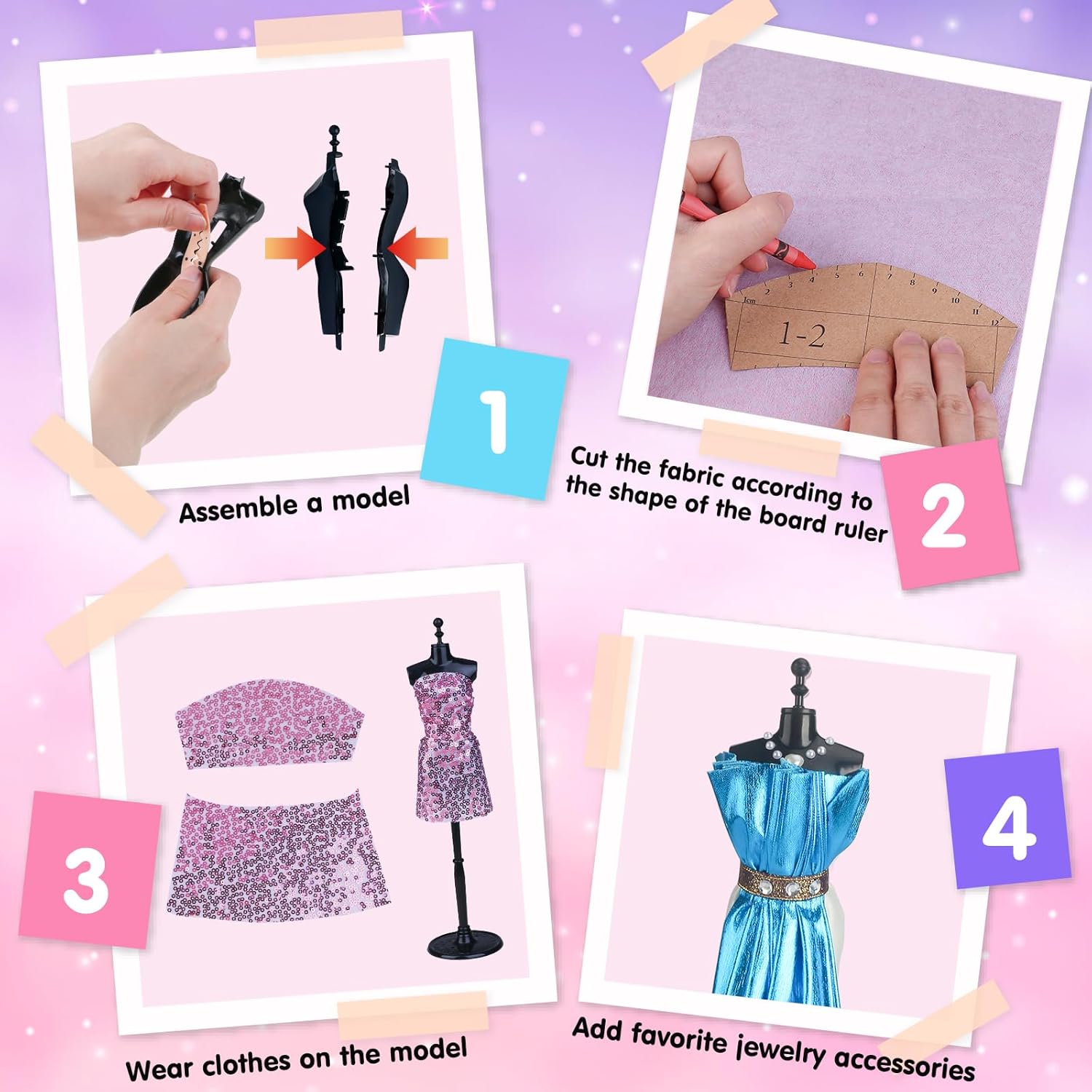 Kits de diseño de moda para niñas, kit de costura de arte creativo para niños, 3 soportes de maniquí, juguetes STEM para niñas de 8 a 12 años,