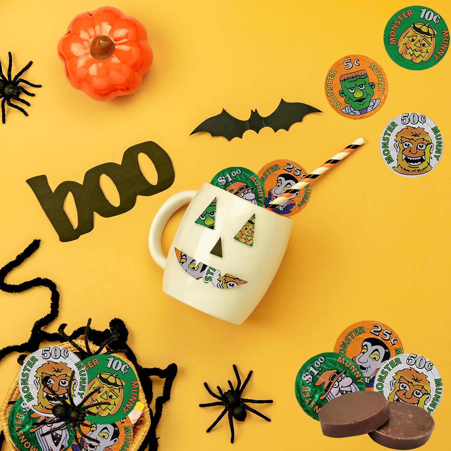 Fruidles Monedas de dinero de monstruo de Halloween, rellenos de bolsas de fiesta de dulce o truco, envueltas individualmente en hojas de diseño de