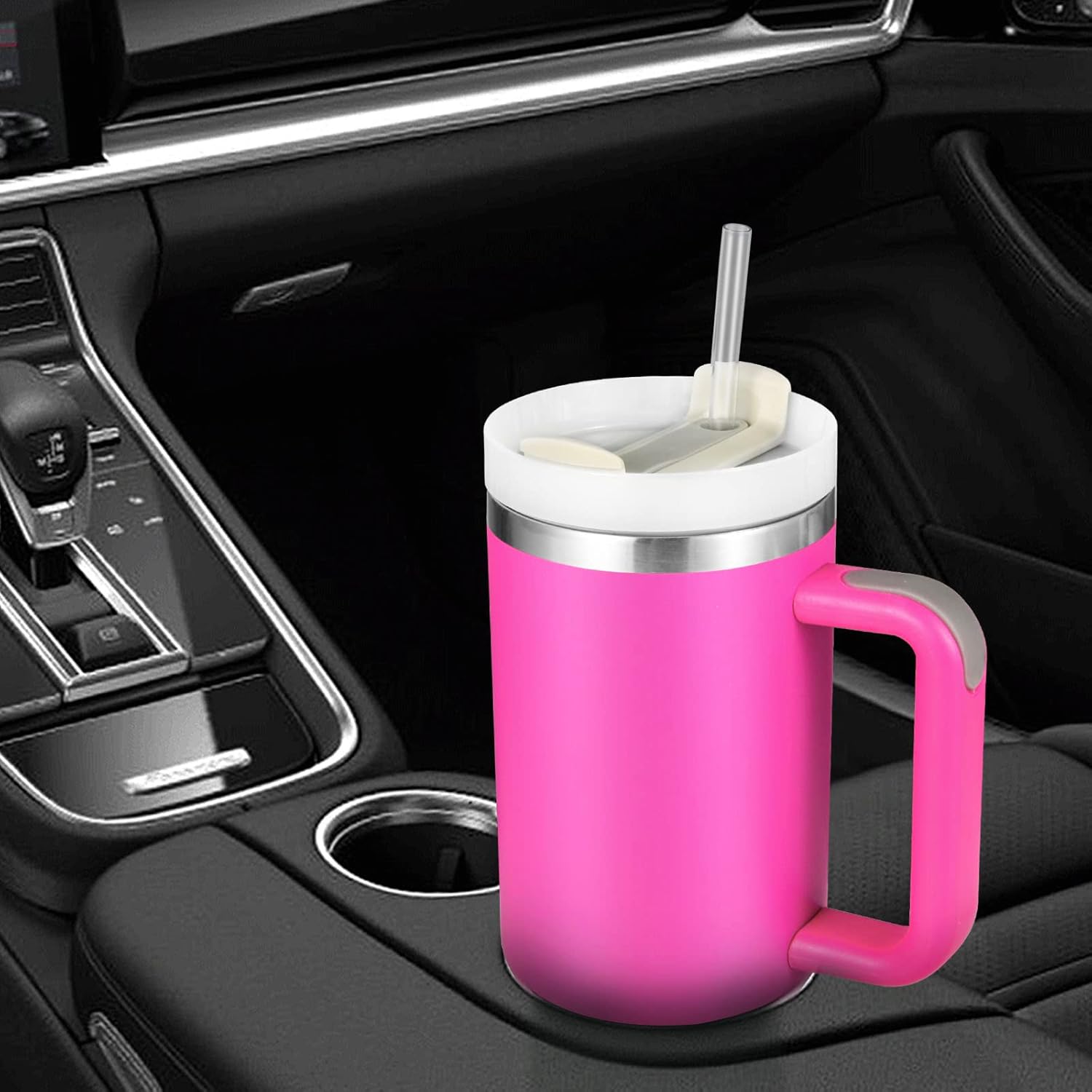 Vaso de 40 onzas con asa, taza aislada con popote y tapa, acero inoxidable al vacío de doble pared