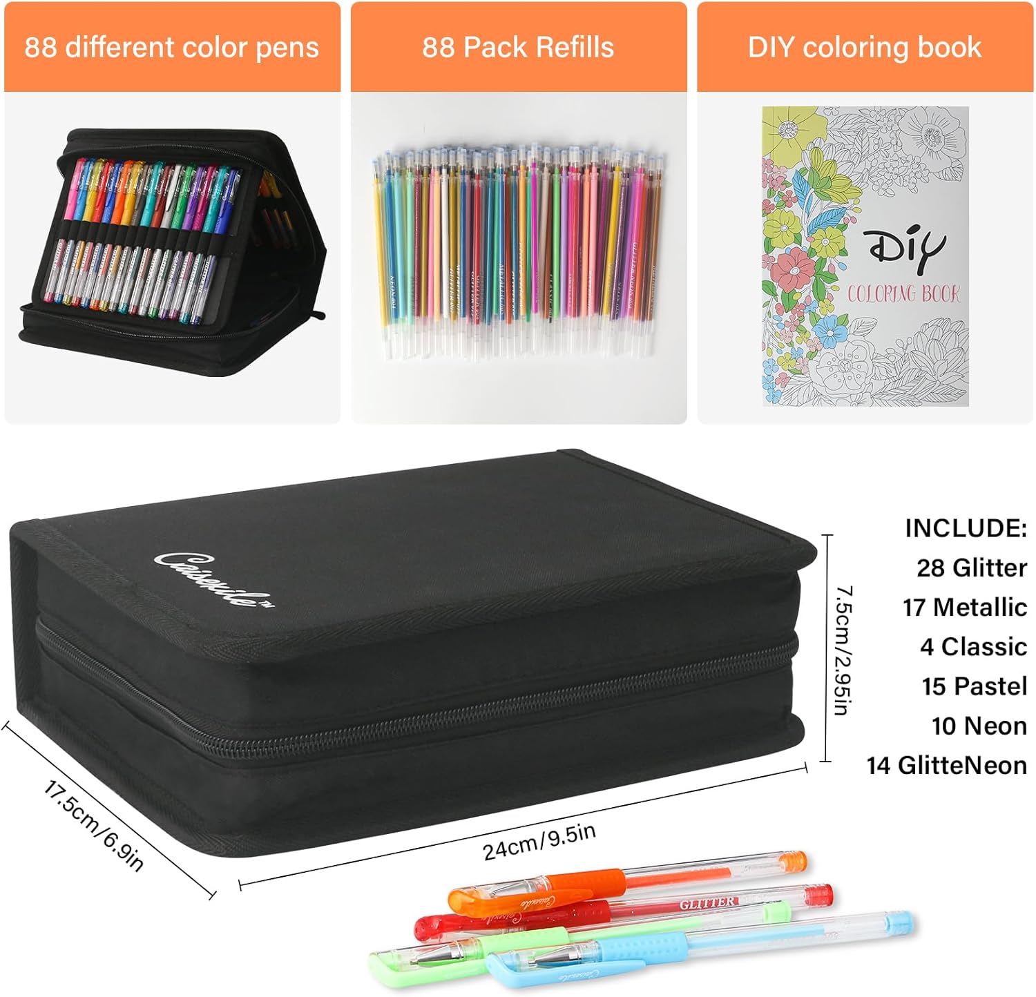 Bolígrafos de gel para colorear para adultos, paquete de 88 bolígrafos de gel con purpurina para artistas, 40% más de tinta con recambios a juego,