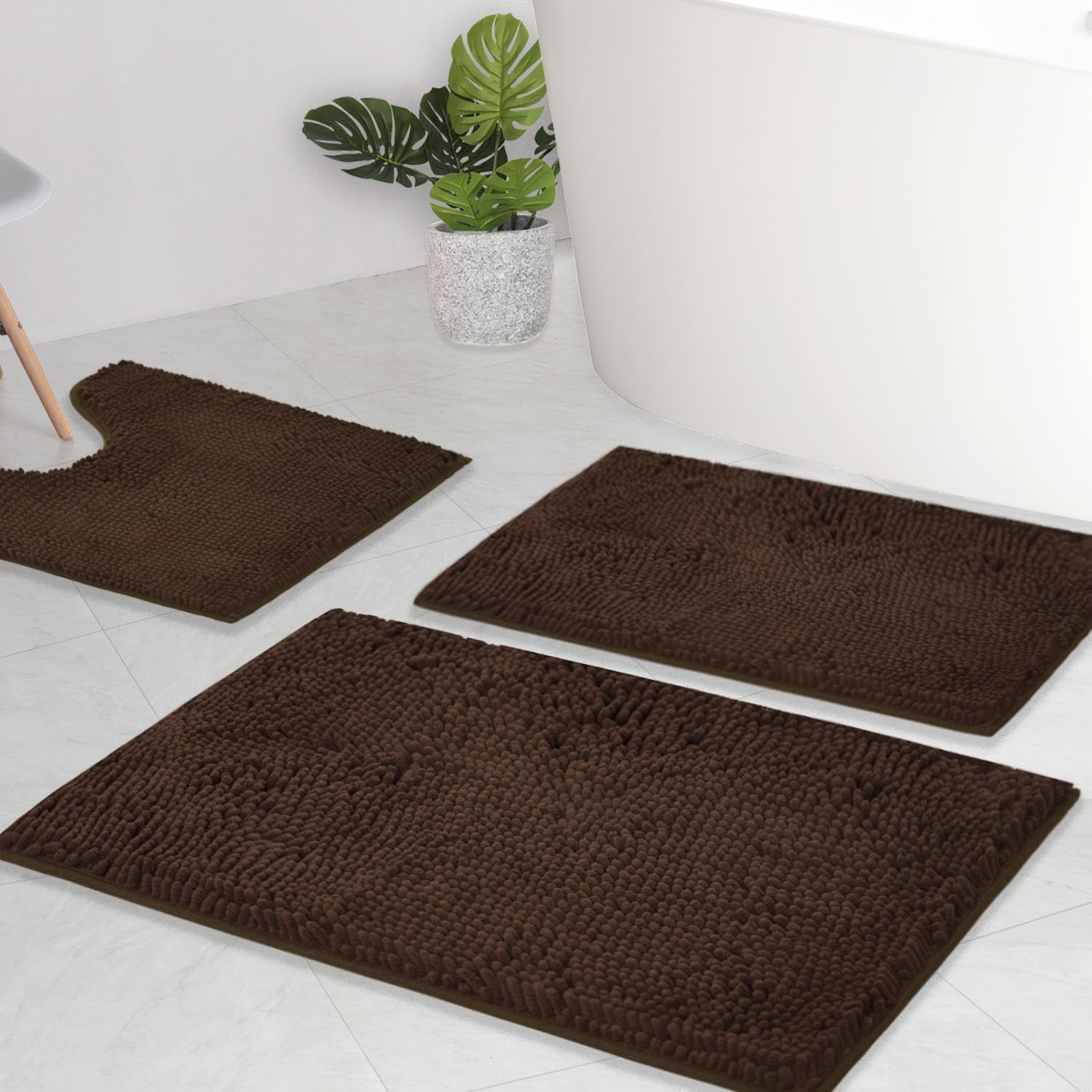 Juego de 3 tapetes de baño de chenilla, superabsorbentes, parte trasera de PVC fuerte antideslizante, tapetes de baño para baño, felpa peluda,