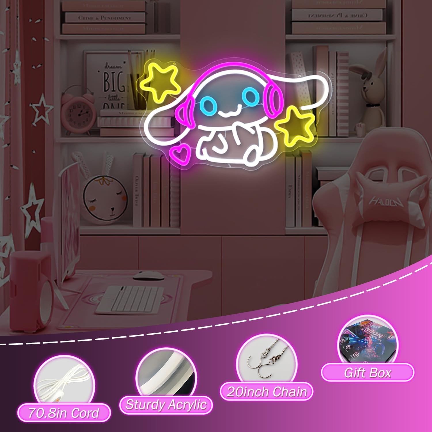 Cinnamoroll – Letrero de neón con luz de neón de anime para decoración de pared, letreros LED de dibujos animados para dormitorio, habitación de