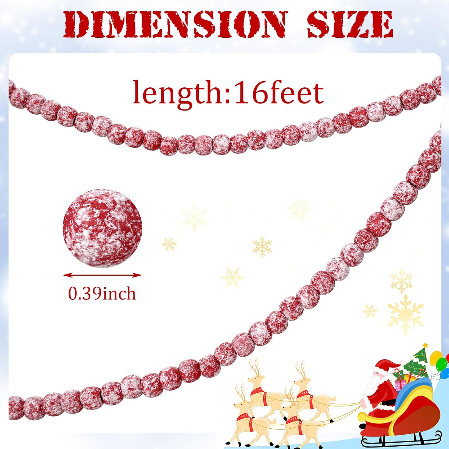 Guirnalda de cuentas de madera de Navidad de 16 pies para decoración de árbol de Navidad (rojo, blanco)