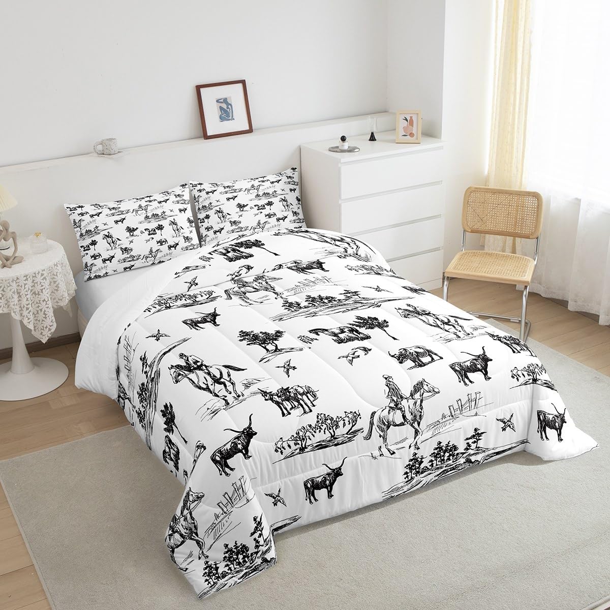 Juego de edredón occidental, tamaño matrimonial, juego de ropa de cama de vaca y caballo, 3 piezas, diseño de animales de granja para niños, niñas y