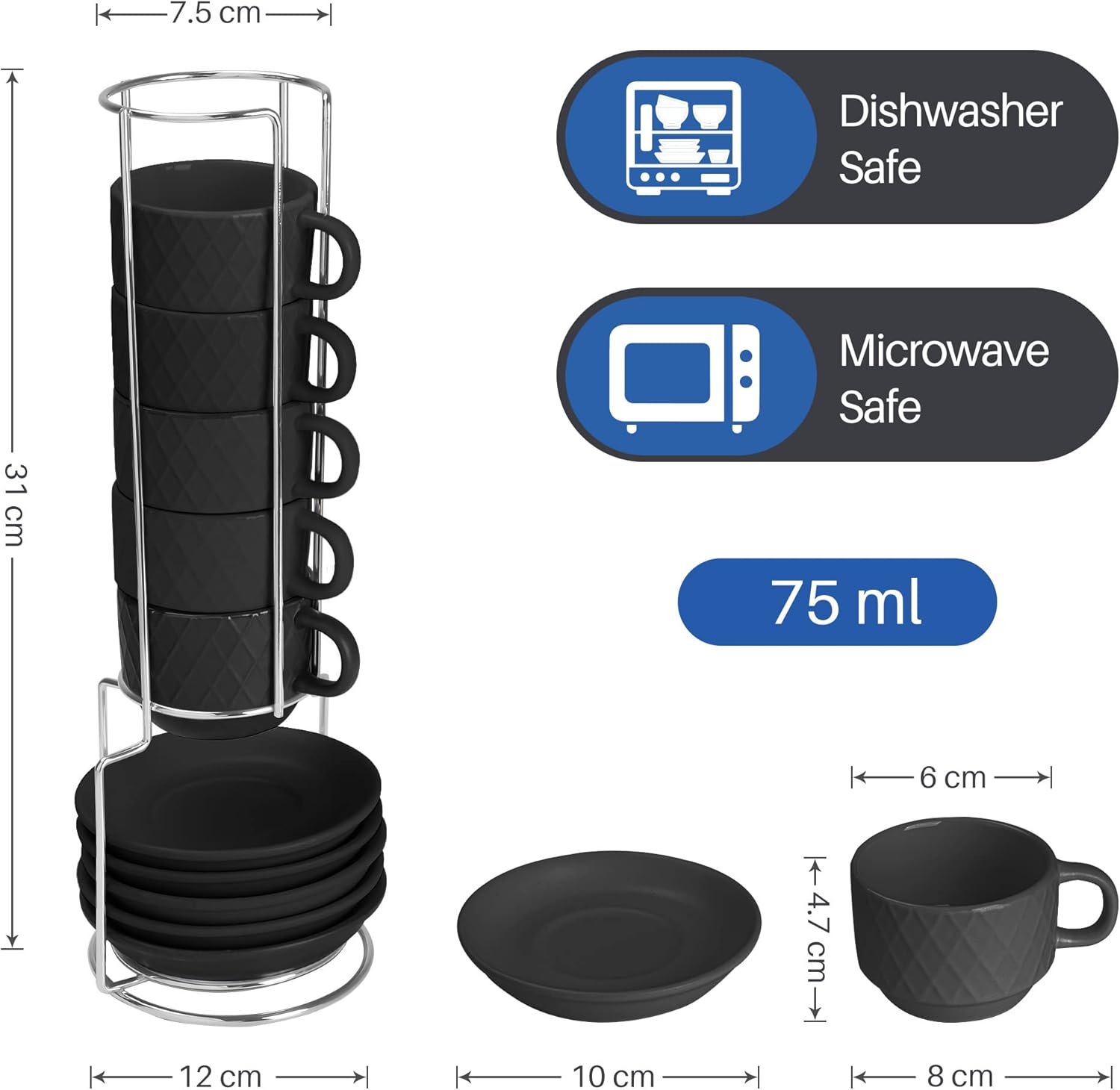 MIAMIO – 6 tazas de café expreso de gres de 2.5 onzas, juego moderno de tazas con soporte y platillos – Colección Palmanova (negro)