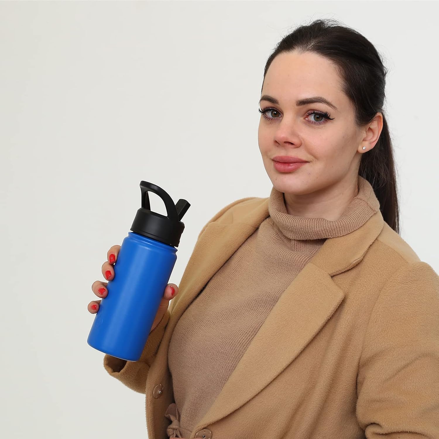 BJPKPK Botellas de agua con aislamiento y tapa con popote de 18 fl oz, de acero inoxidable, para agua fría o caliente, con 3 tapas, sin fugas ni