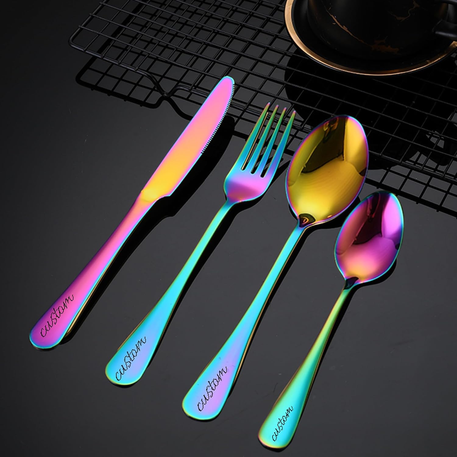Juego de cubiertos personalizados grabados de 4 piezas de 9 pulgadas, cubiertos de acero inoxidable con cuchara, cuchillo, tenedor, acabado espejo,
