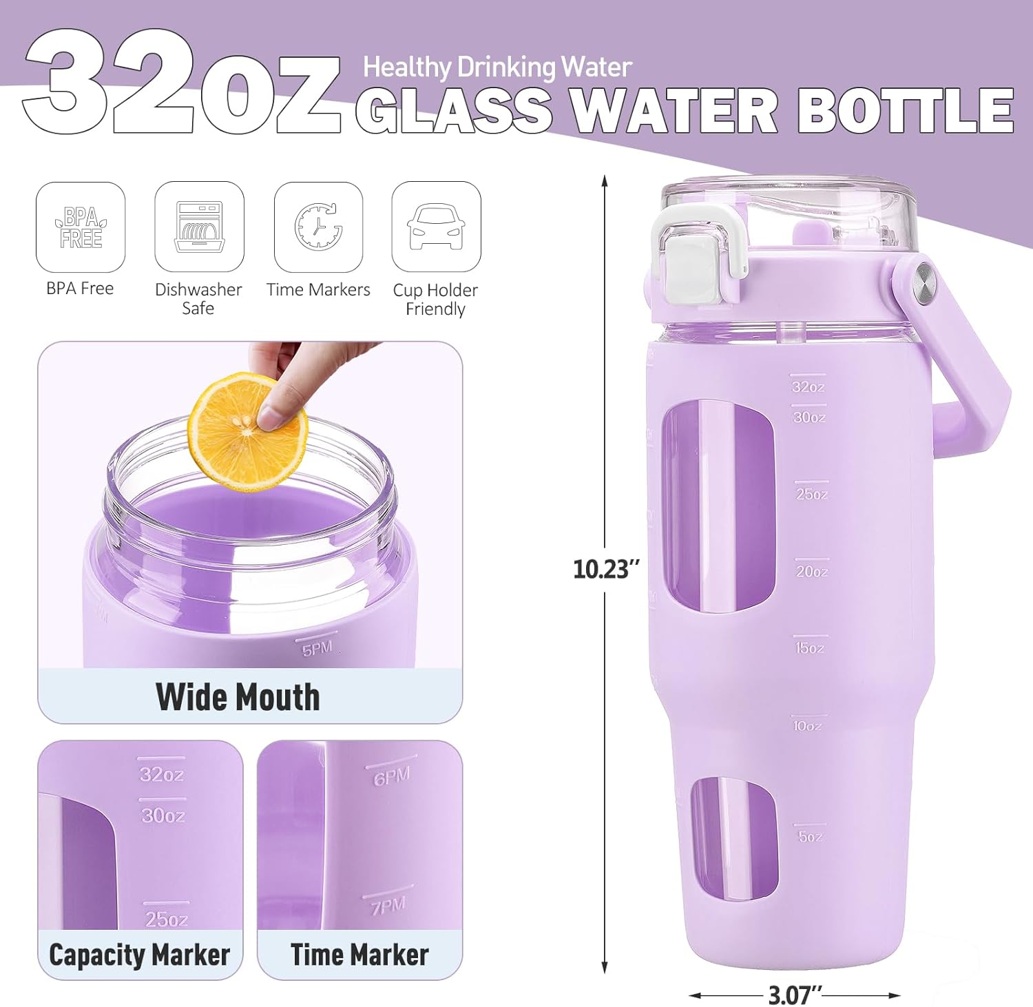 BLUEGO Botella de agua de vidrio de 32 onzas con popote y tapa, botella de agua potable de vidrio con asa, taza de café helado con marcador de