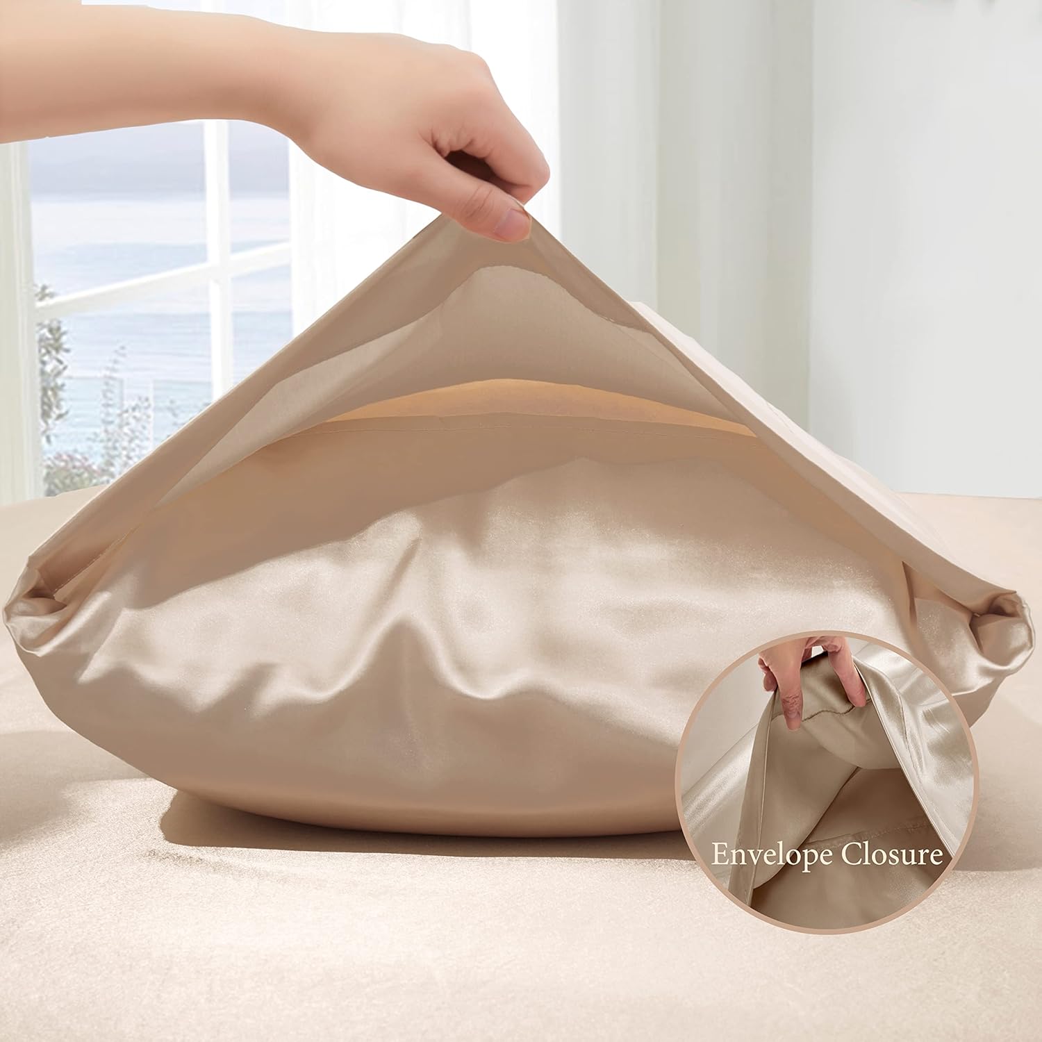 Juego de sábanas de satén beige de 4 piezas, tamaño matrimonial, juego de sábanas de satén sedoso de 15 pulgadas de profundidad de 15 pulgadas,