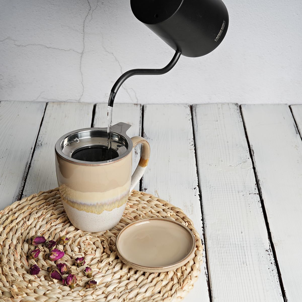 Bosmarlin Taza de té de cerámica con infusor y tapa, 16 onzas, 5 colores a elegir, apta para lavavajillas y microondas, esmalte reactivo, taza de té