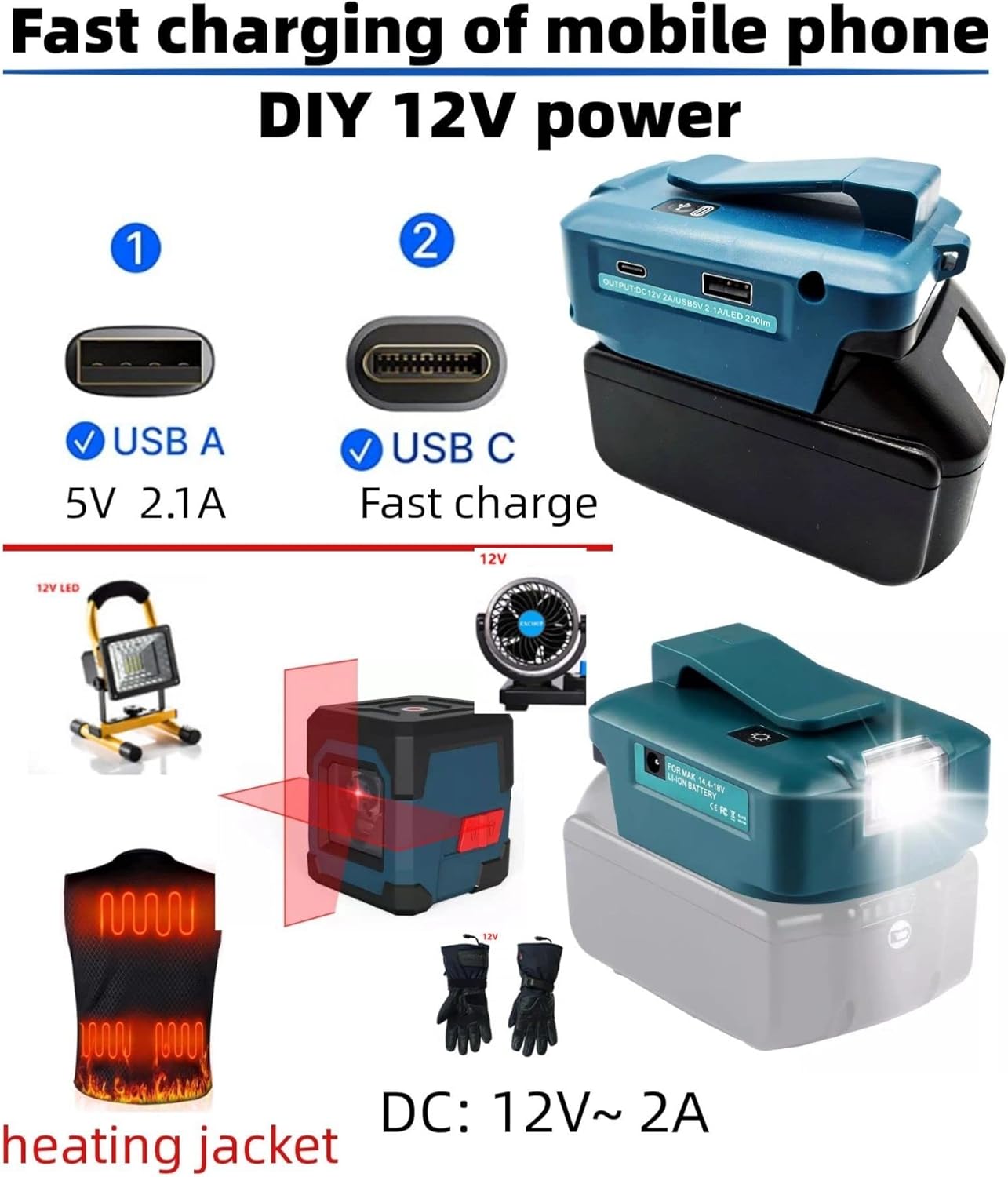Alian – Adaptador de batería Makita, para Makita USB y cargador tipo C, para cargador tipo C de carga rápida, repuesto para fuente de alimentación