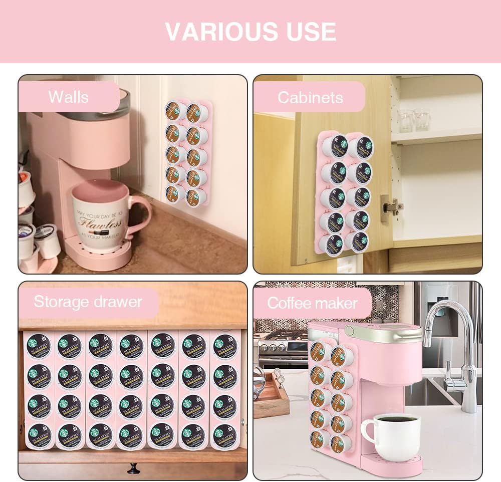 Soporte para cápsulas de café K Cup, organizador de almacenamiento lateral y boca arriba, perfecto para mostradores pequeños (rosa, paquete de 3