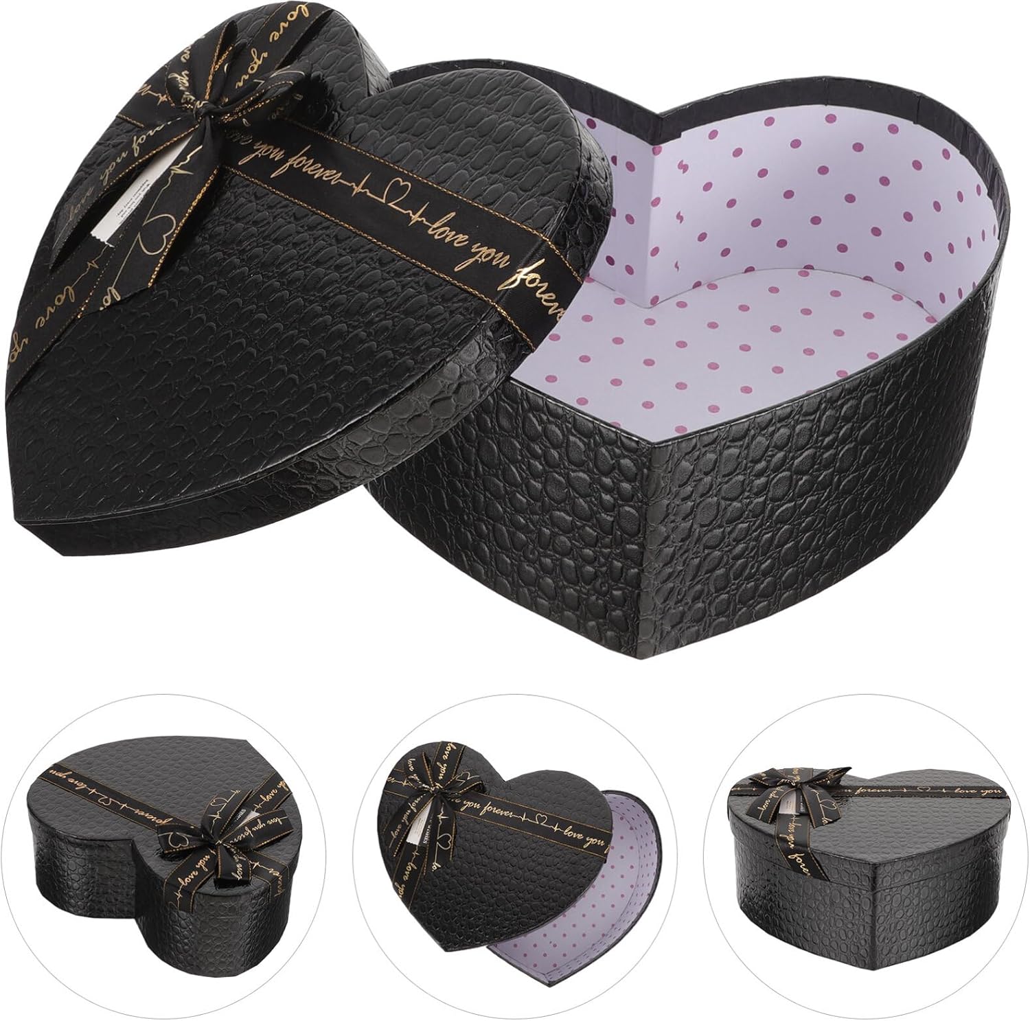 EXCEART Caja en forma de corazón, caja de corazón negro, cajas de regalo de anidación con cubierta, cinta de lazo, flores, caja de embalaje para