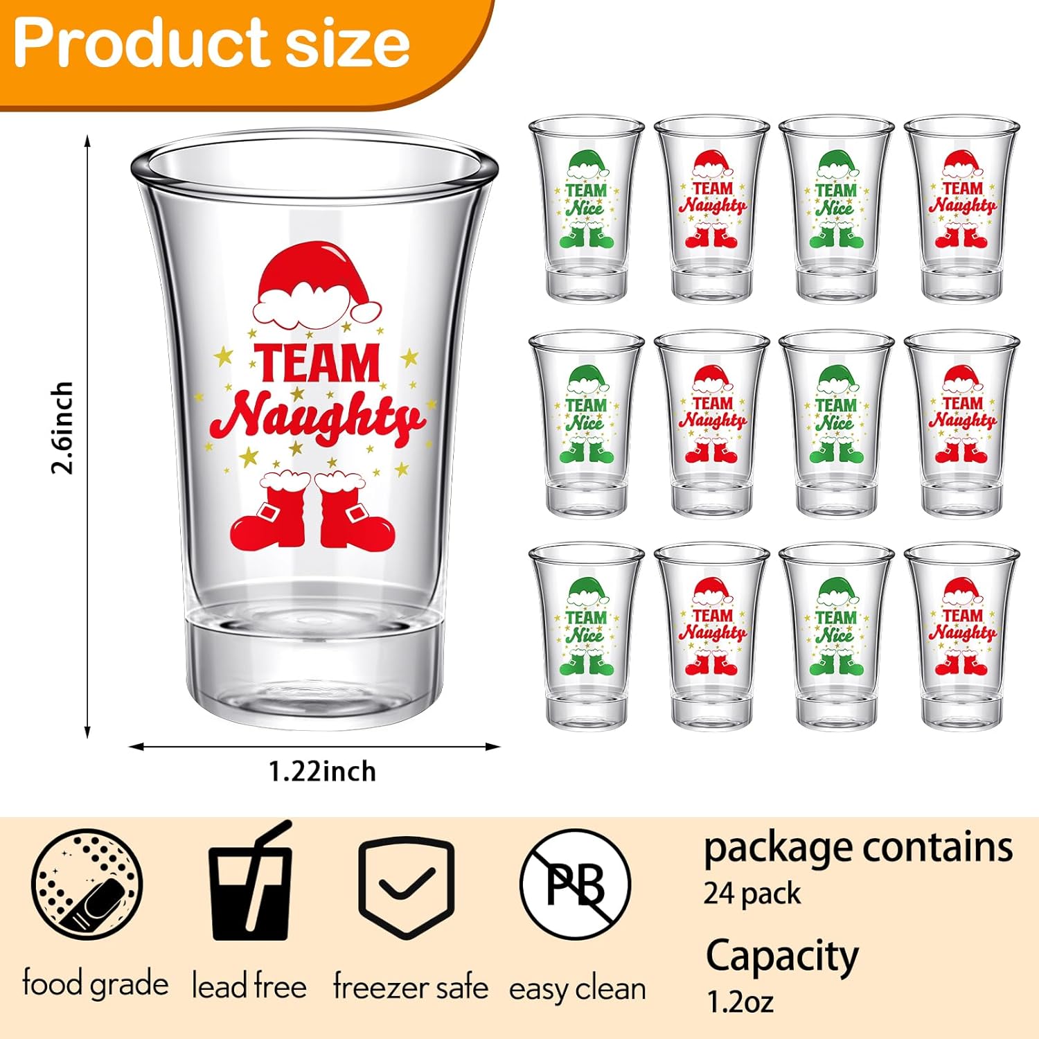24 vasos de chupito de Navidad a granel de 1.2 onzas, reutilizables, para el equipo, travieso o bonito, vasos de acrílico transparente, juego de
