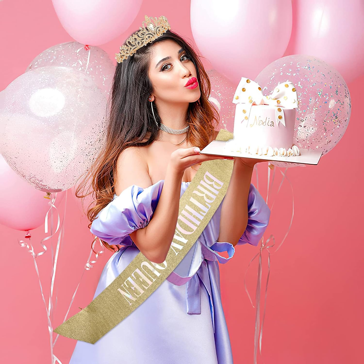Makone Corona dorada de princesa de cumpleaños con banda de reina de cumpleaños para mujeres o niñas, diadema de cristal, accesorios para el cabello