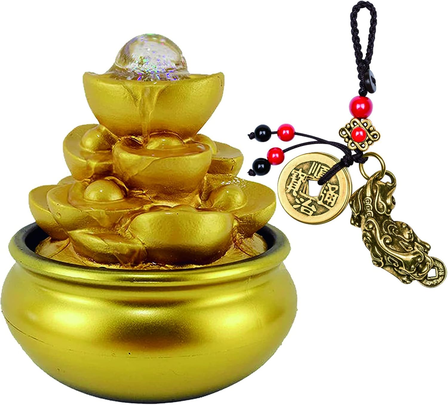 Feng Shui – Fuente de agua de mesa de lingote dorado para interiores, pequeña con luces, cascada para interiores, con bola de cristal rodante y