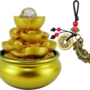 Feng Shui – Fuente de agua de mesa de lingote dorado para interiores, pequeña con luces, cascada para interiores, con bola de cristal rodante y Feng Shui – Fuente de agua de mesa de lingote dorado para interiores, pequeña con luces, cascada para interiores, con bola de cristal rodante y