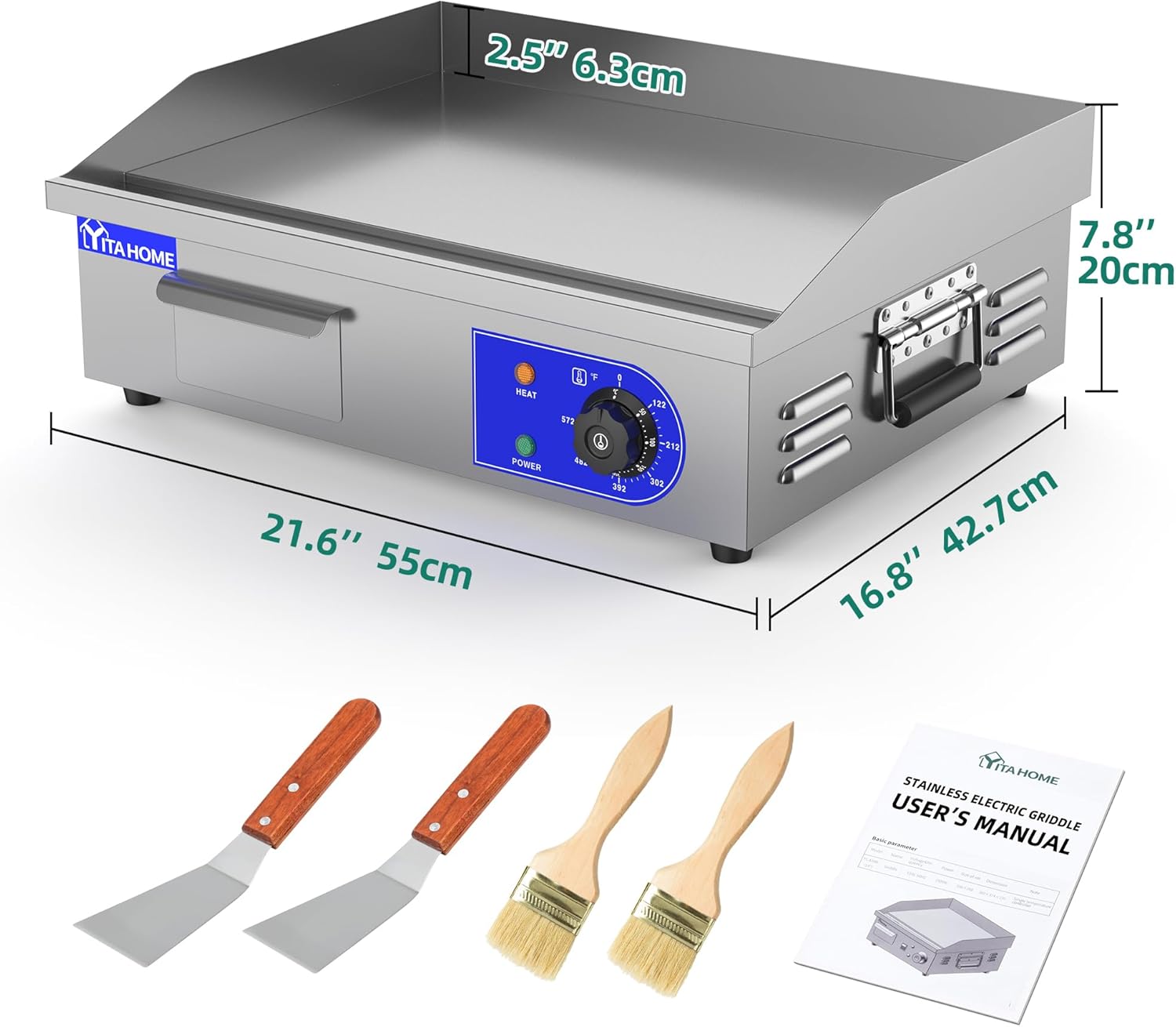 YITAHOME Plancha eléctrica comercial de 22 pulgadas con mango de resorte, plancha comercial de 3000 W, parrilla Teppanyaki antiadherente para
