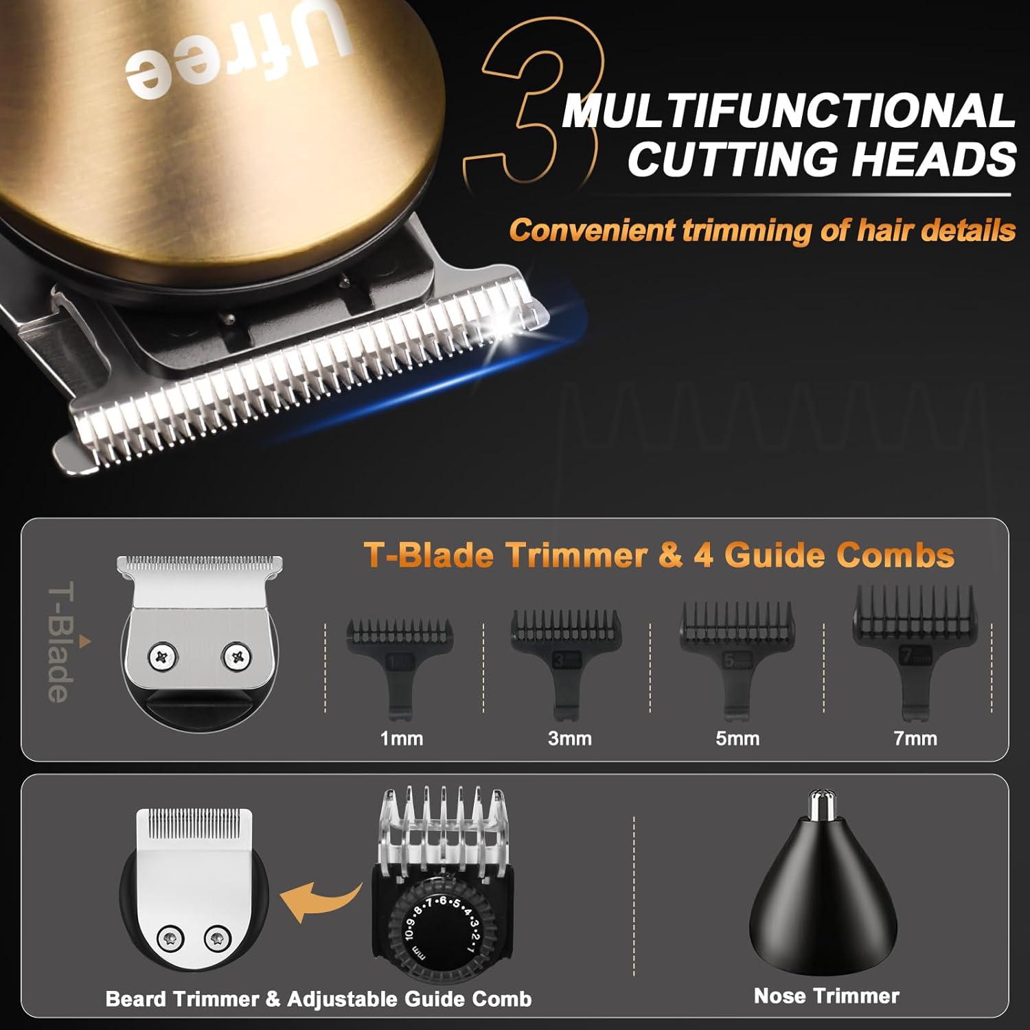 Ufree Cortapelos profesional para hombres, 3 en 1, recortadora de barba para hombre, afeitadora eléctrica, recortadora de pelo de nariz, cortaúñas