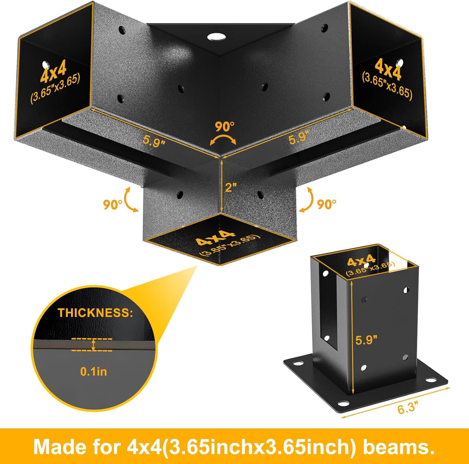 Kit de soportes para pérgola 4×4, soportes de esquina de carpintería con recubrimiento de polvo de 3 vías, 1 hombro de soporte y 1 base de poste de