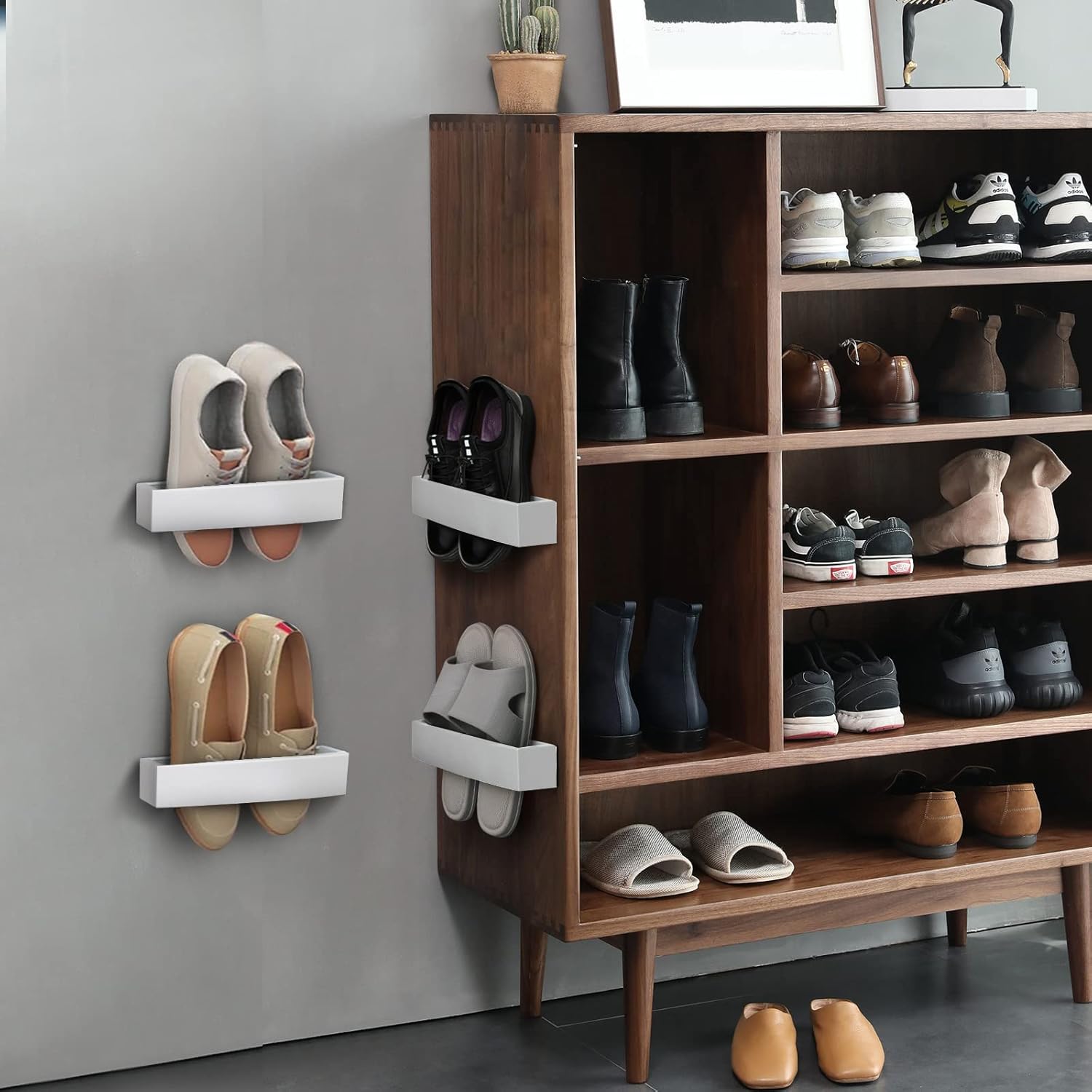 Nirxxiy Paquete de 6 zapateros ajustables para montar en la pared, organizador de almacenamiento de plástico para zapatos, almacenamiento de RV,