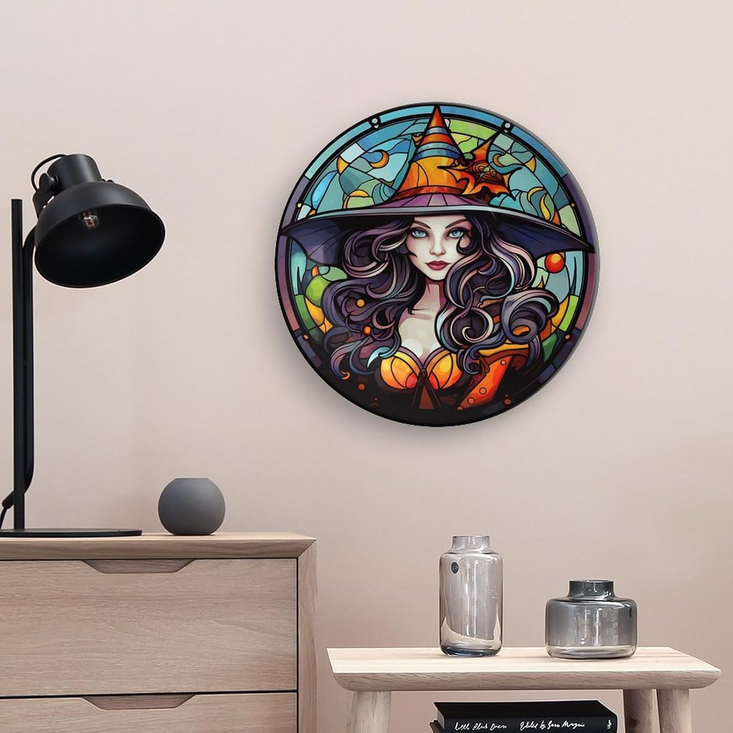 Platos decorativos de bruja con sombrero naranja para decoración del hogar de Halloween, platos de cerámica con diseño de vitrales para sala de