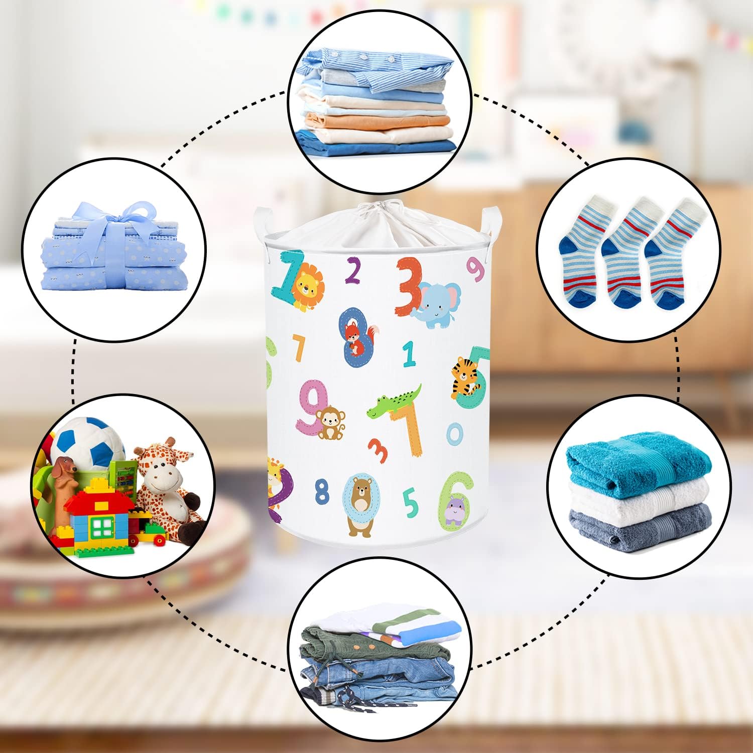 Clastyle Cesta de almacenamiento de ropa para niños, diseño de jirafa, mono, elefante, león, cocodrilo, ardilla, blanco, redondo, para guardar ropa,