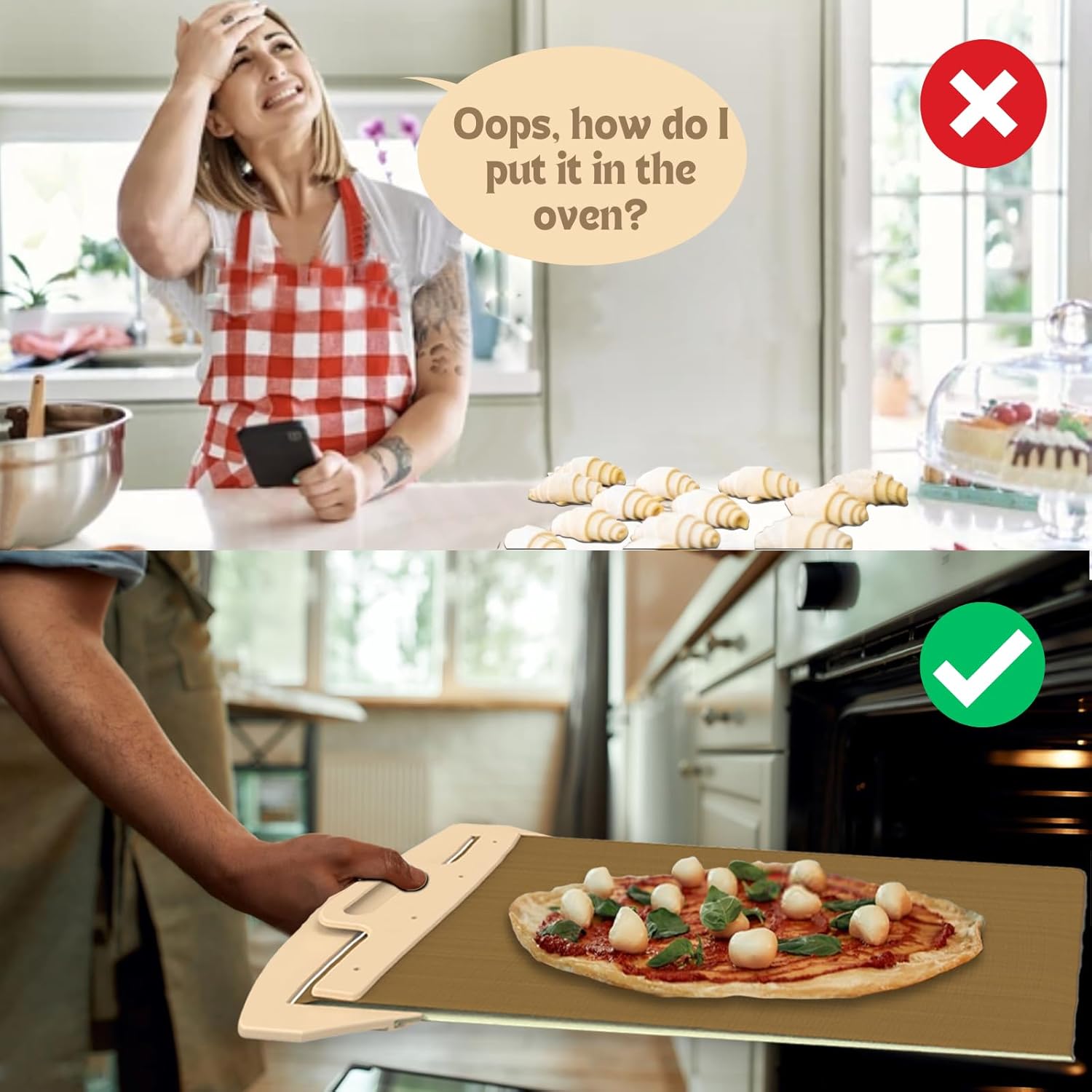 Coocake Pala deslizante de pizza de 12 pulgadas con mango y paño para hornear, cáscara de pizza antiadherente para transferencia de masa de pan,