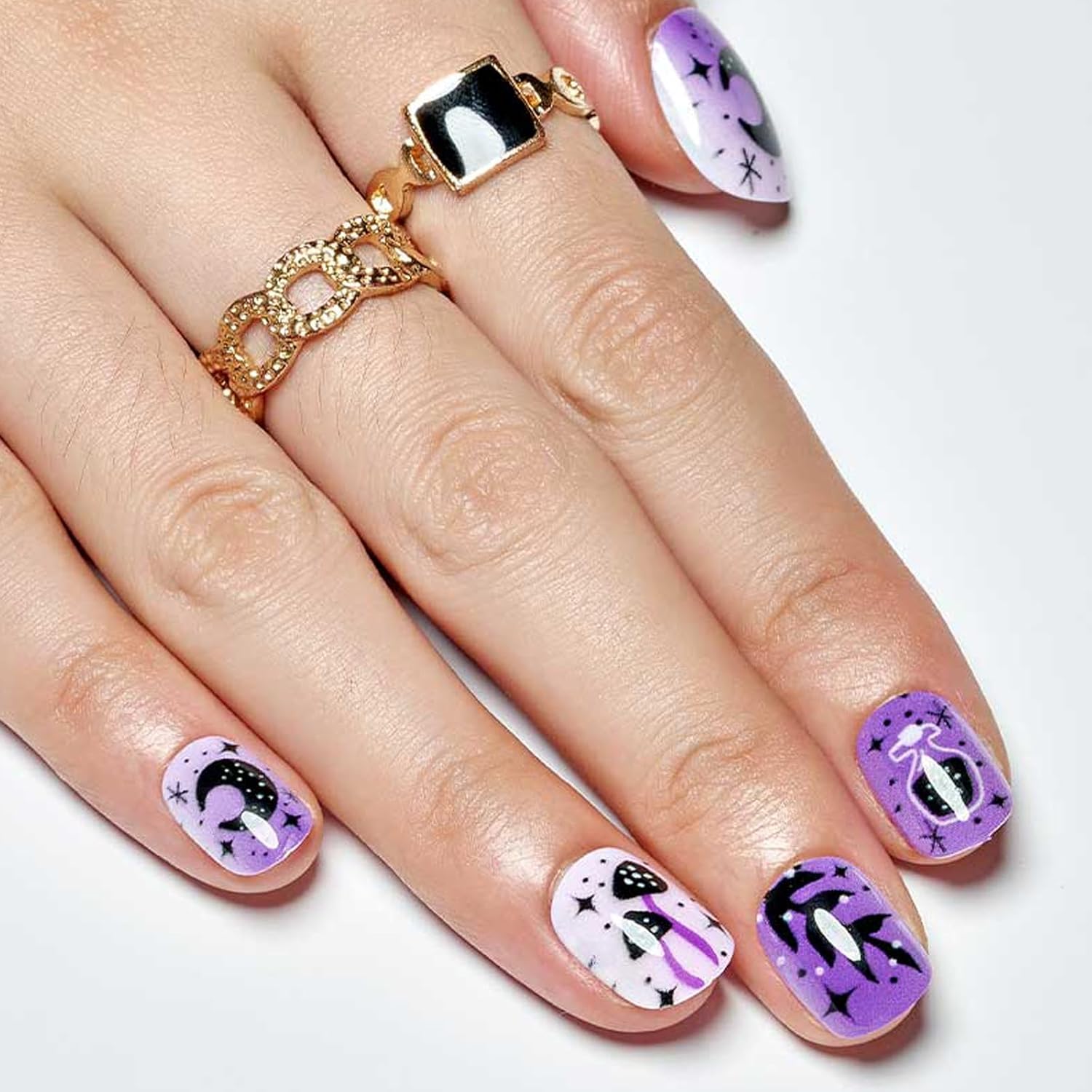 GLAMERMAID – Uñas postizas extra cortas a presión, uñas de gel con pegamento de serpiente y hongos góticos, 24 unidades, redondas, reutilizables,