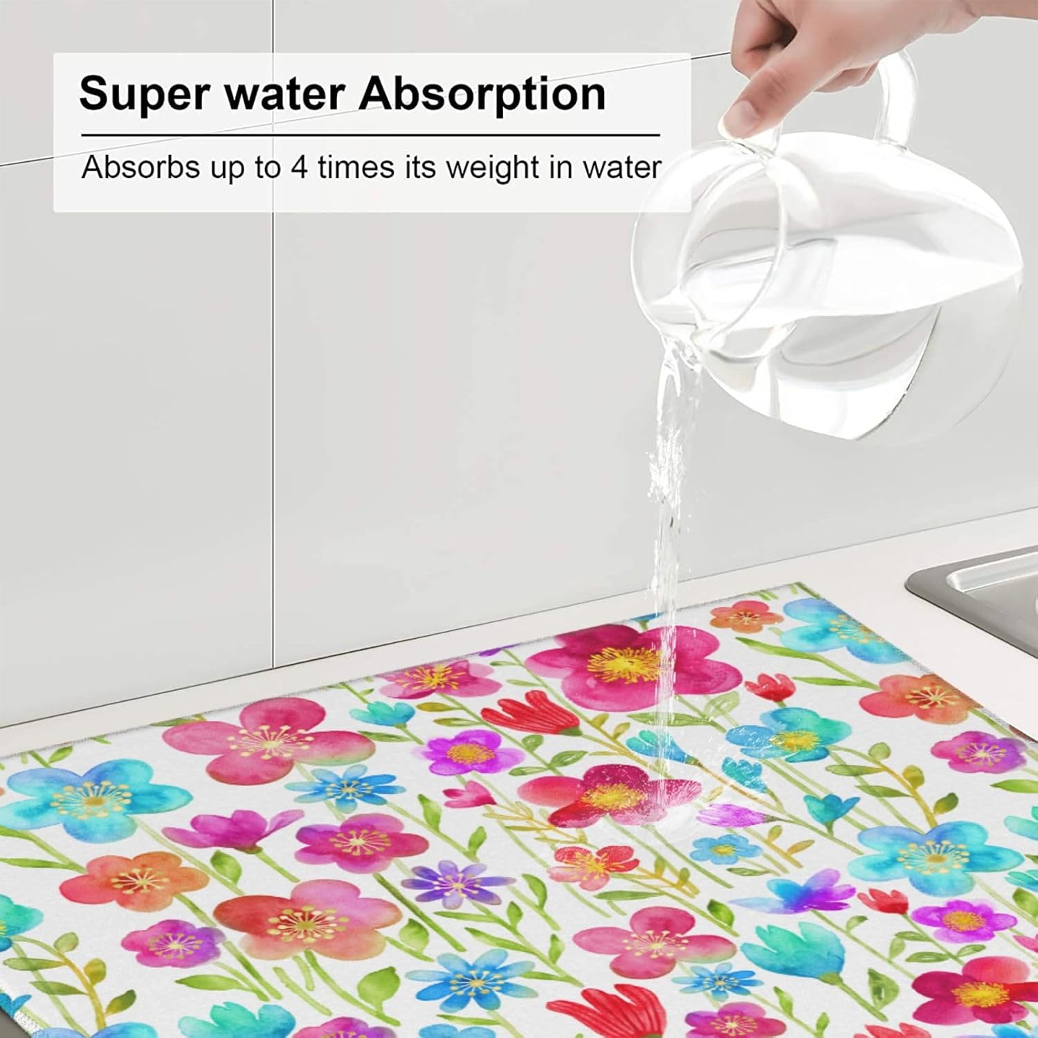 Tapete de secado de platos floral, tapetes reversibles de microfibra absorbente para encimera de cocina, 16 x 18 pulgadas